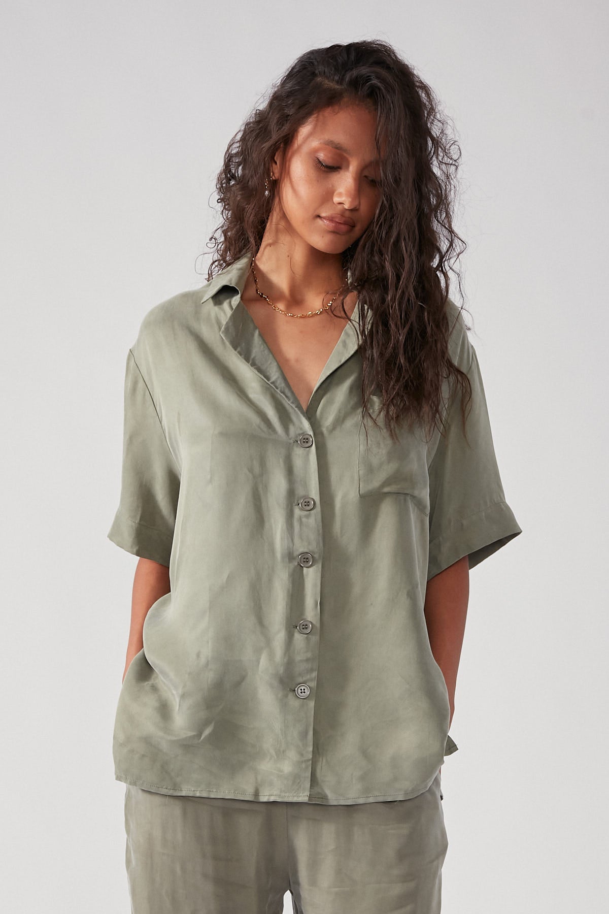 Perfect Stranger Ace Cupro Button Up Shirt Sage