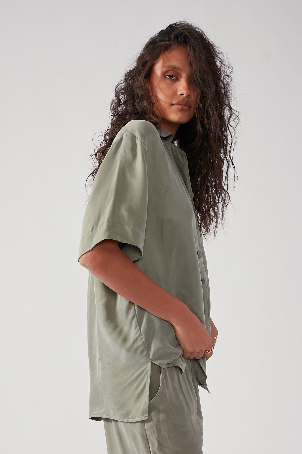 Perfect Stranger Ace Cupro Button Up Shirt Sage