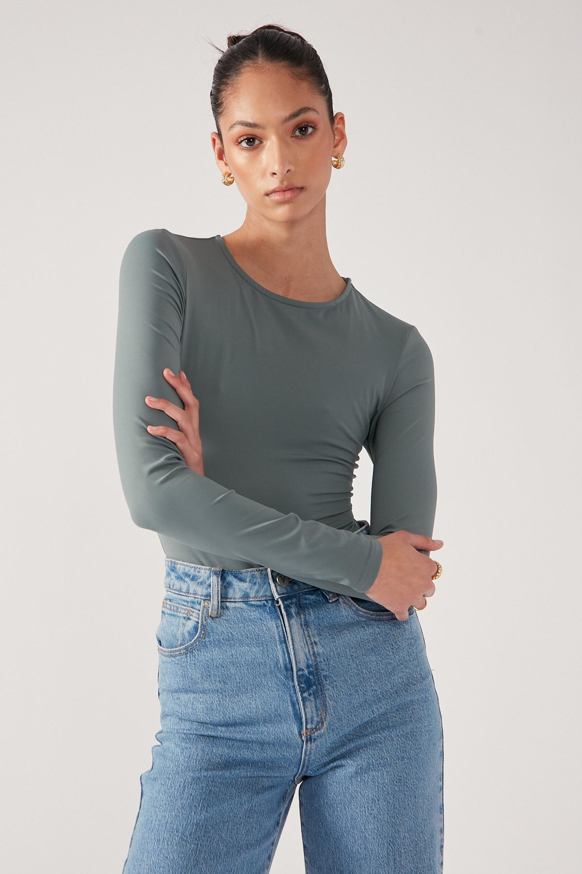 Perfect Stranger Sleek Crew Neck Bodysuit Khaki