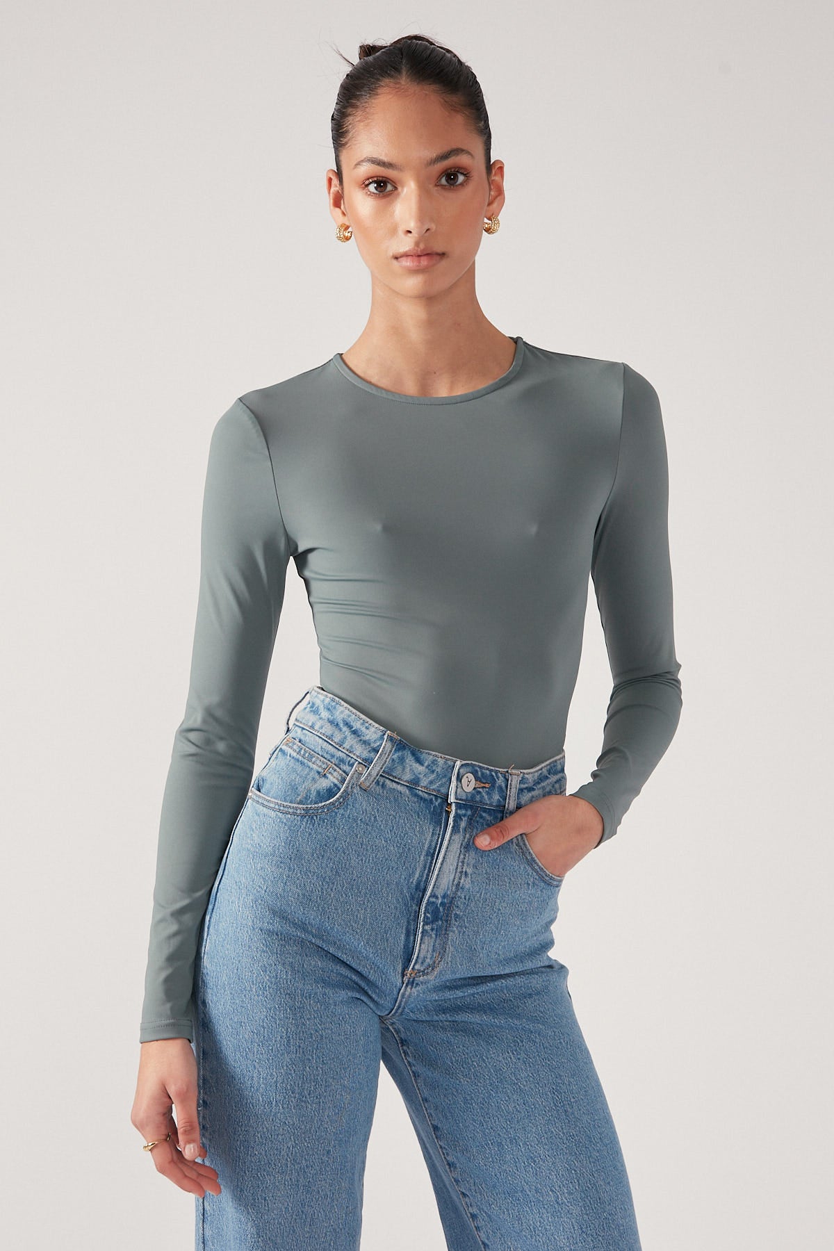Perfect Stranger Sleek Crew Neck Bodysuit Khaki