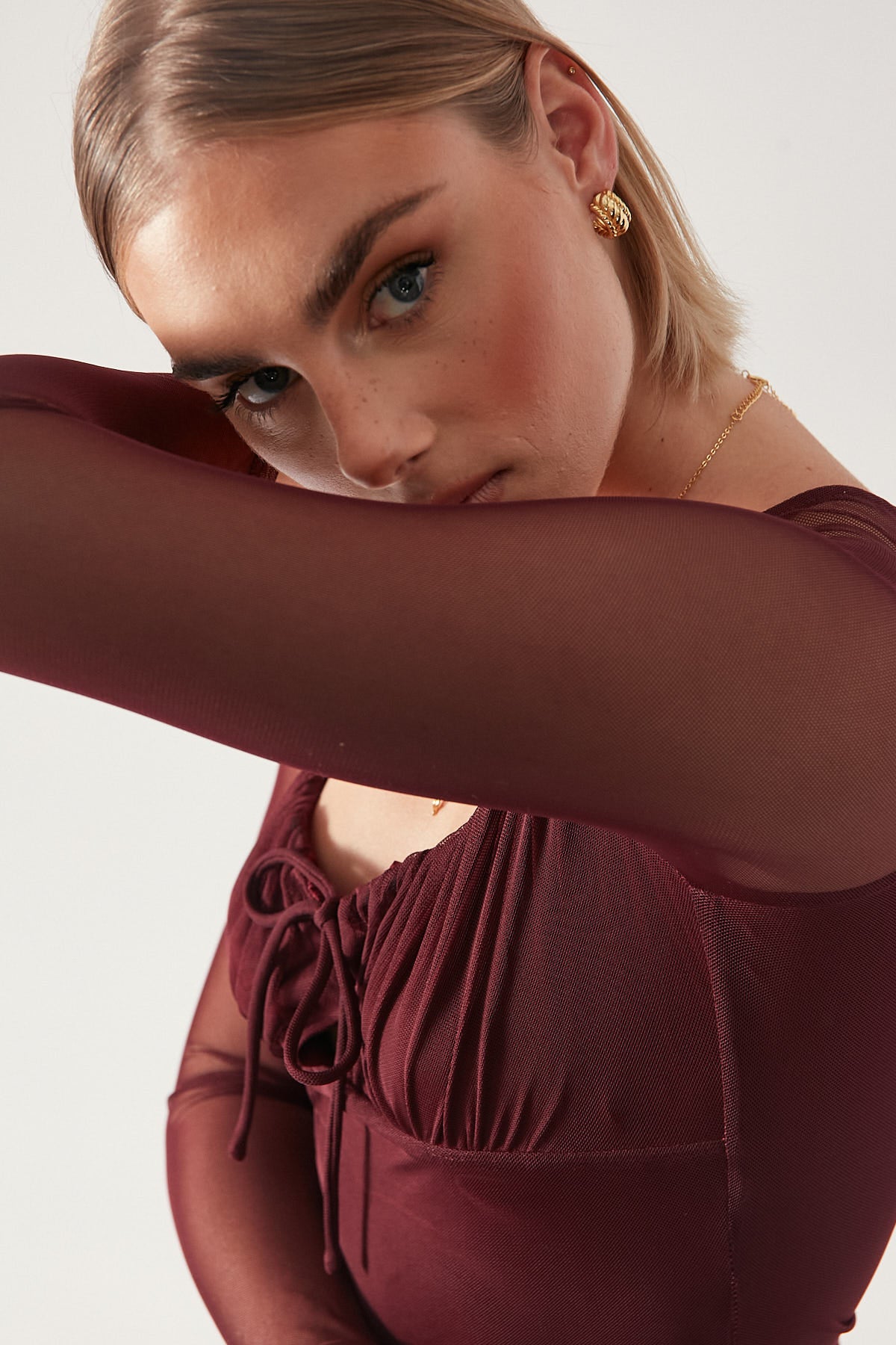 Perfect Stranger Keighley Long Sleeve Mesh Mini Dress Burgundy