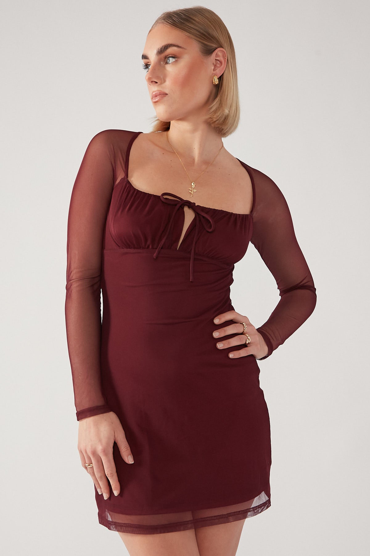 Perfect Stranger Keighley Long Sleeve Mesh Mini Dress Burgundy