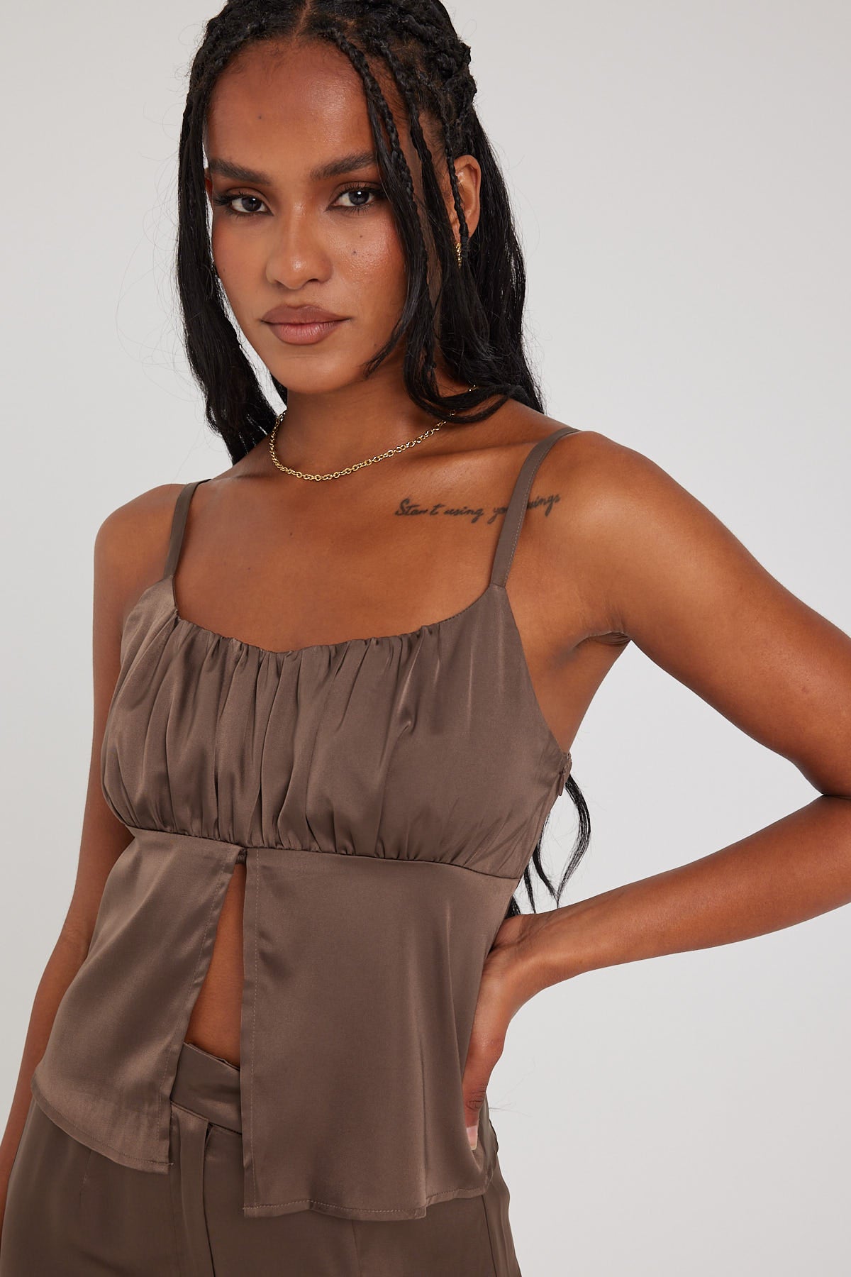 Perfect Stranger Wendy Open Front Cami Top Mushroom