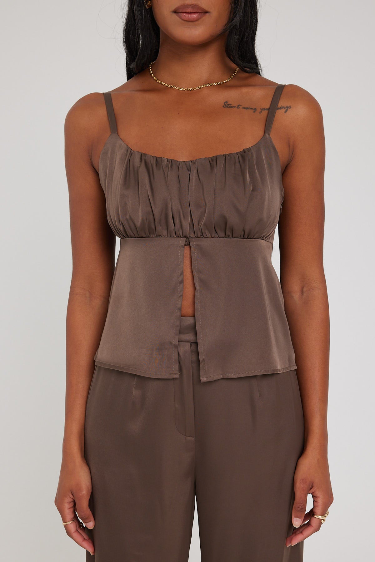 Perfect Stranger Wendy Open Front Cami Top Mushroom