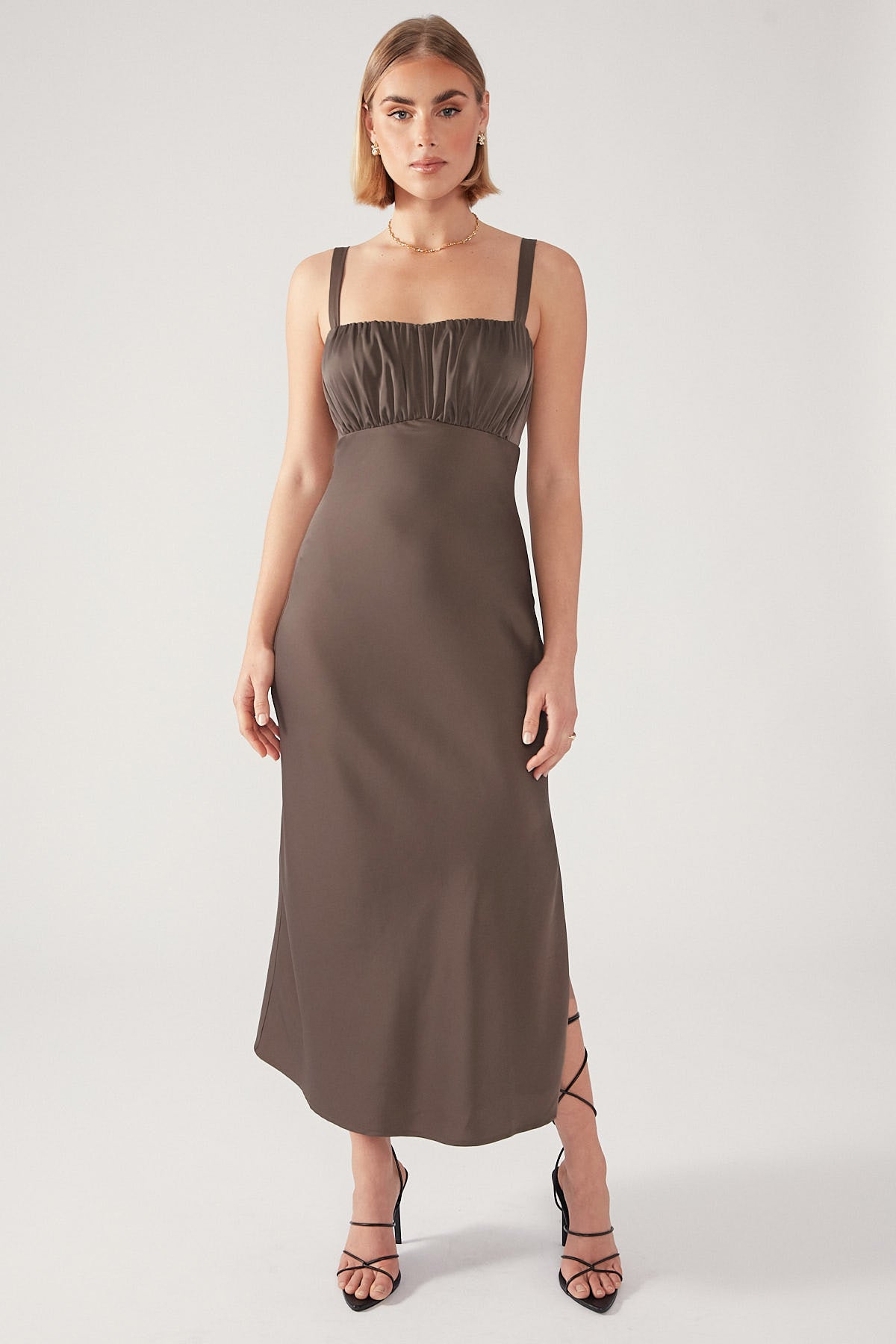 Perfect Stranger Wendy Satin Midi Dress Mushroom