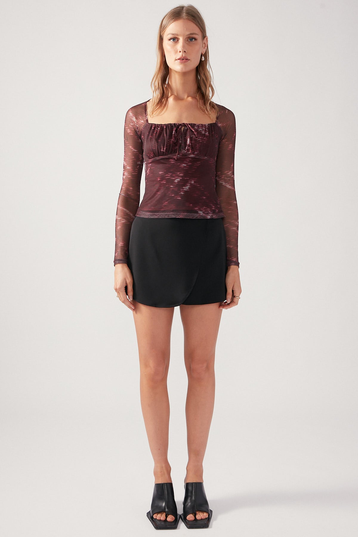 Perfect Stranger Wine Weave Mesh Top Burgundy Print