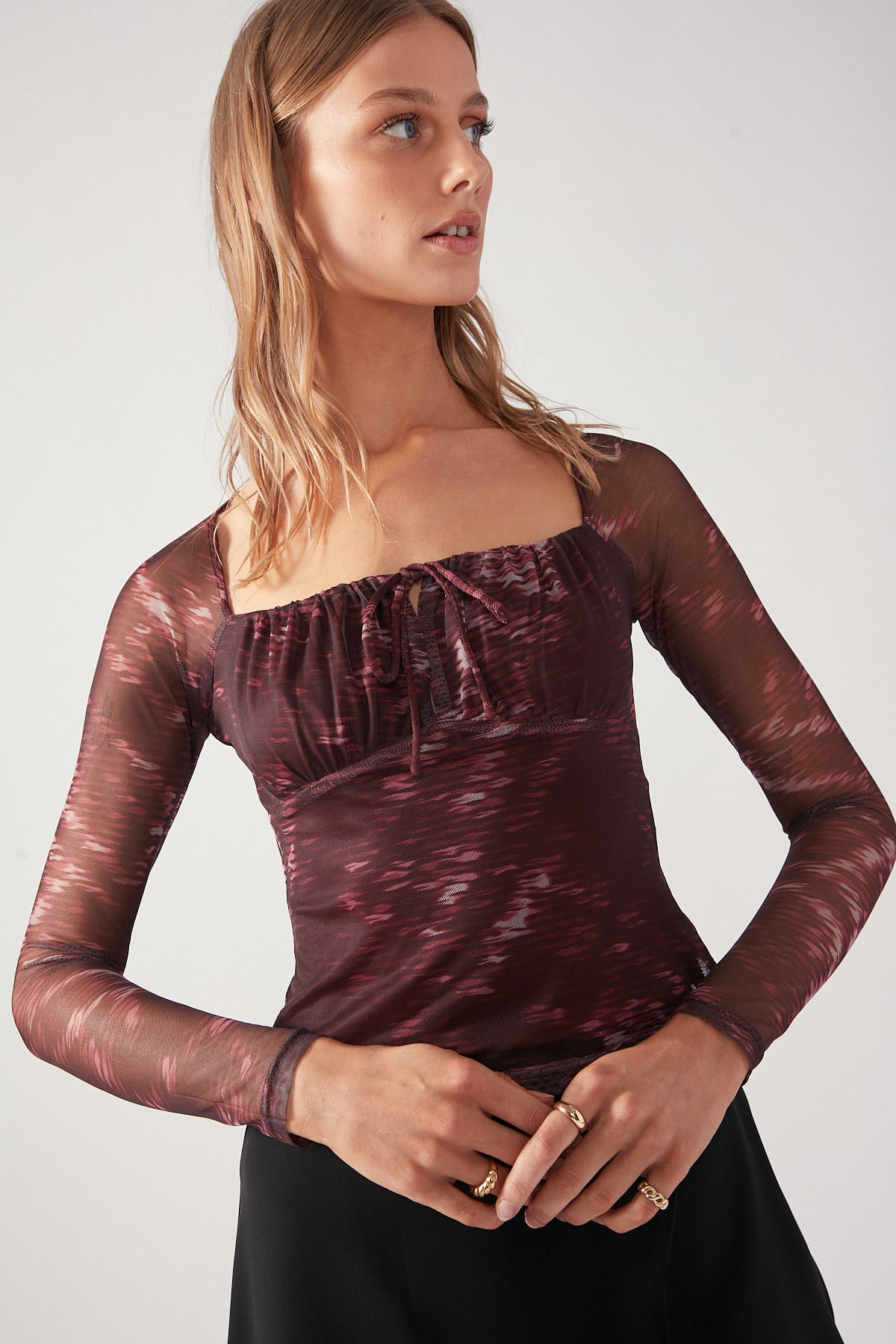 Perfect Stranger Wine Weave Mesh Top Burgundy Print