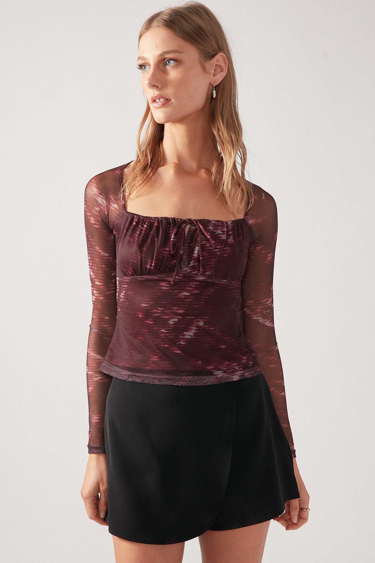Perfect Stranger Wine Weave Mesh Top Burgundy Print