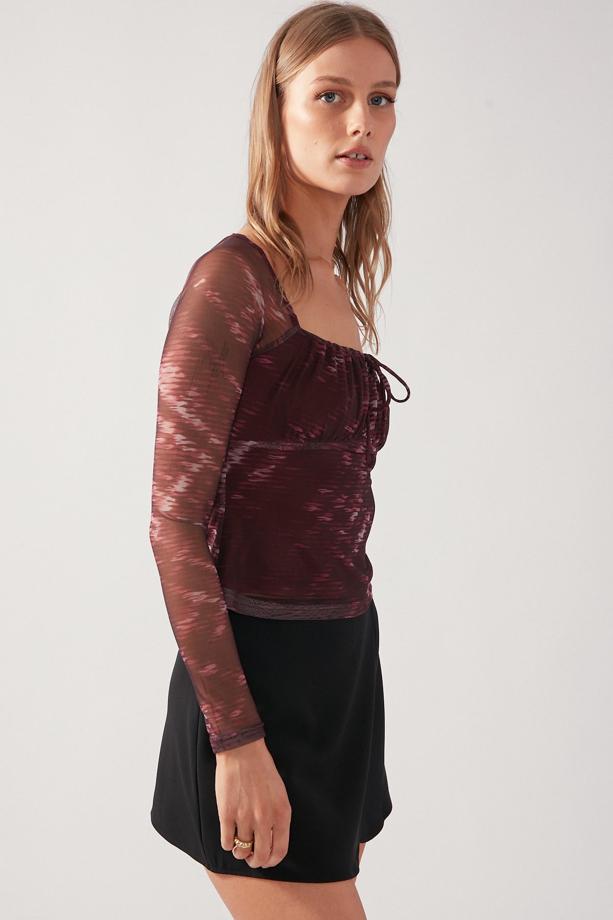 Perfect Stranger Wine Weave Mesh Top Burgundy Print