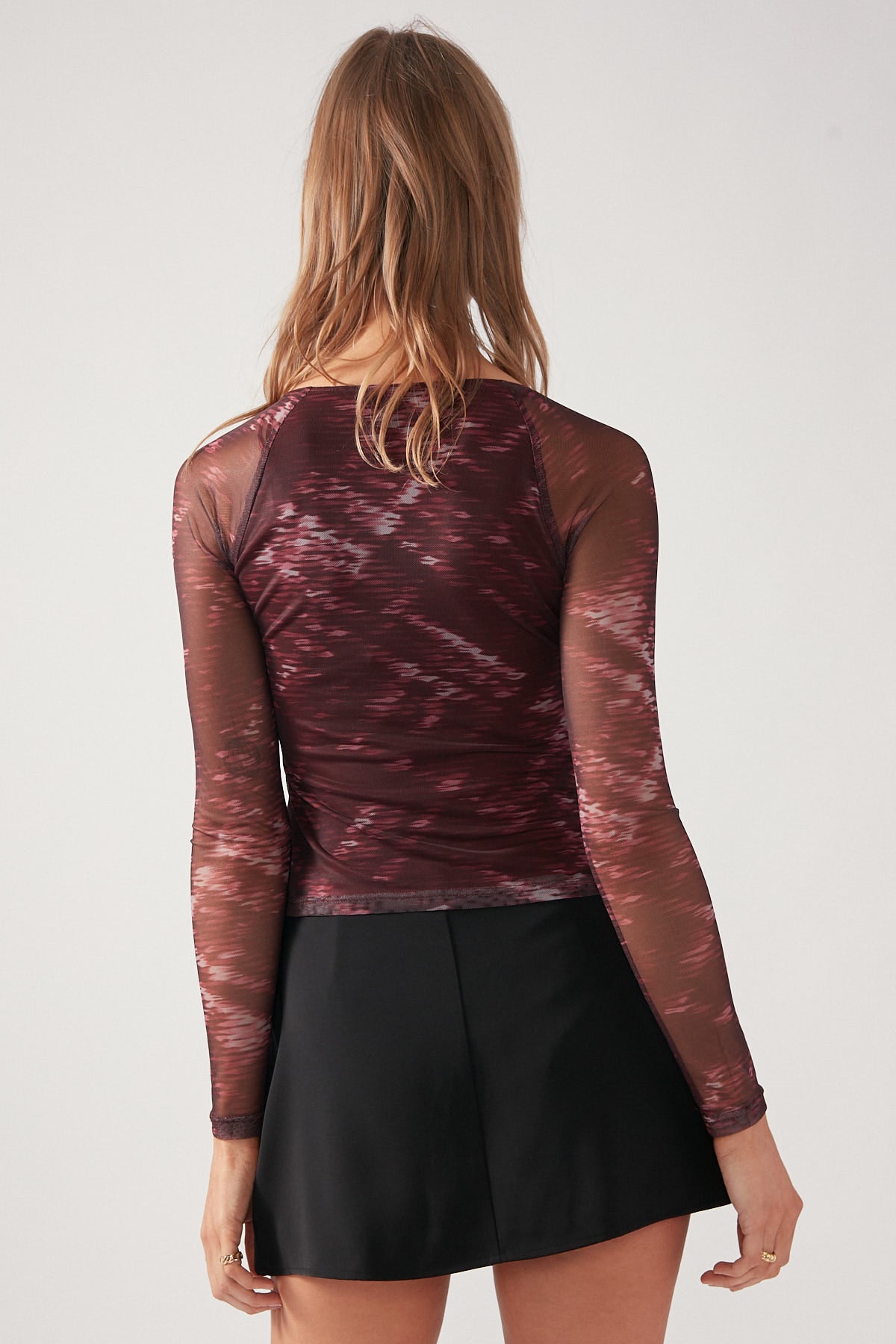 Perfect Stranger Wine Weave Mesh Top Burgundy Print