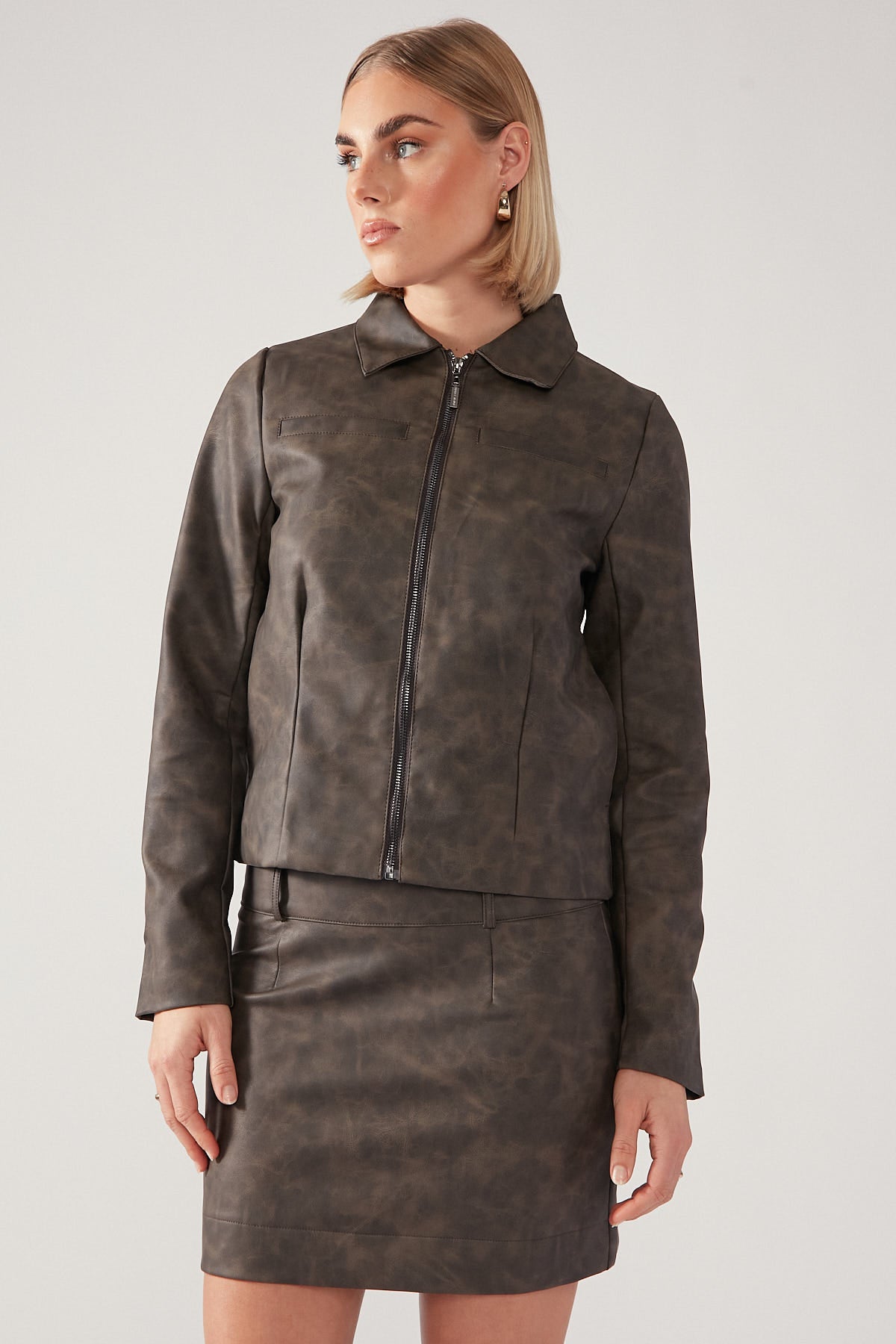 Perfect Stranger Distressed PU Moto Mini Skirt Brown