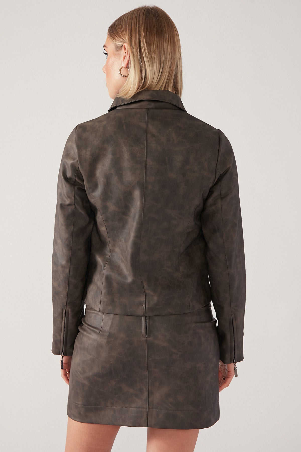 Perfect Stranger Distressed PU Moto Mini Skirt Brown