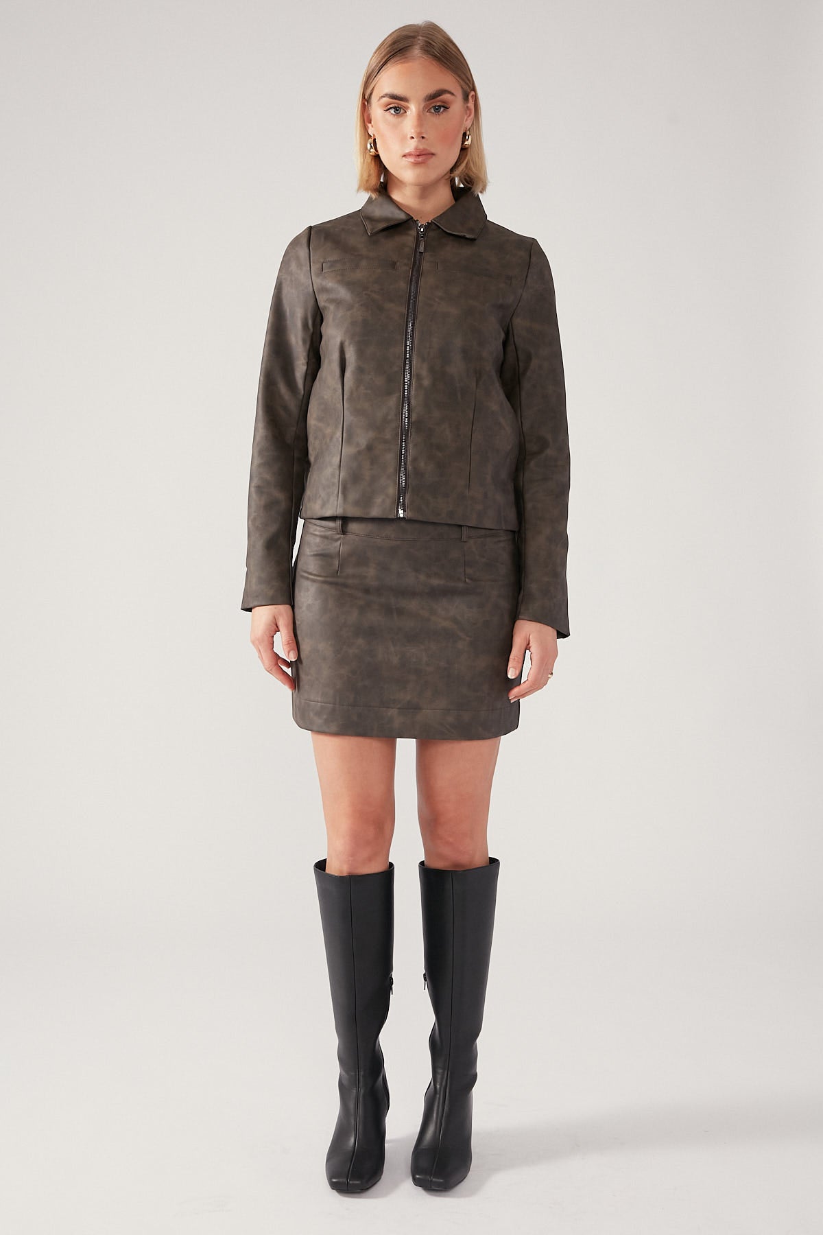 Perfect Stranger Distressed PU Moto Mini Skirt Brown