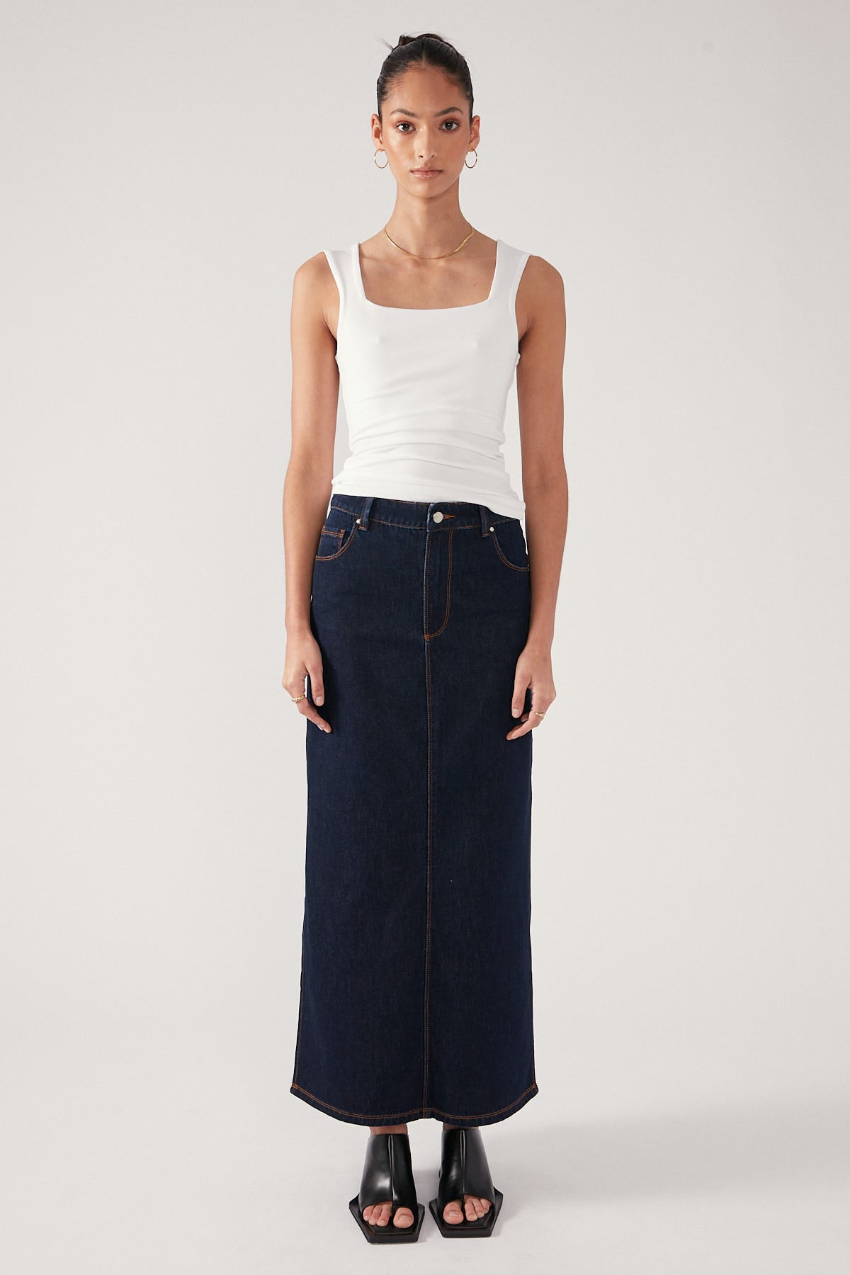 Perfect Stranger Denim Double Split Maxi Skirt Dark Indigo