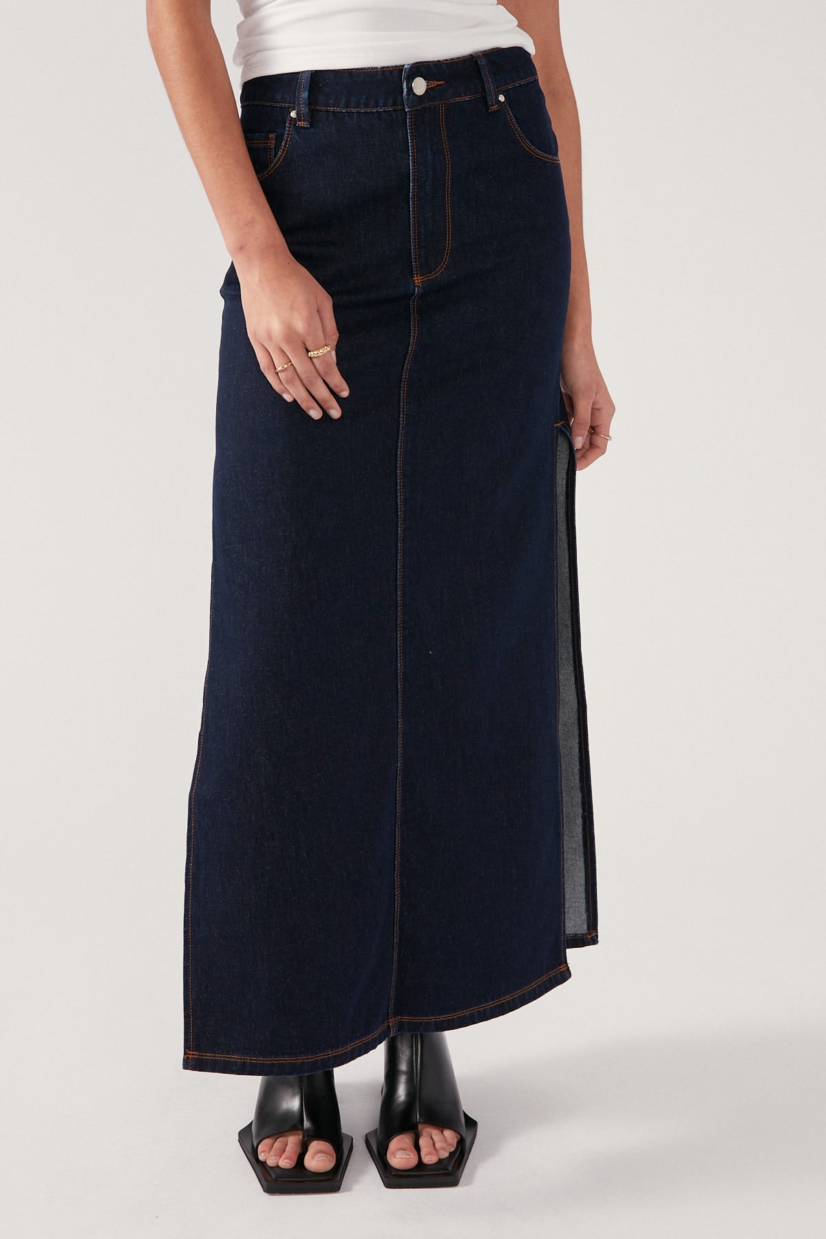 Perfect Stranger Denim Double Split Maxi Skirt Dark Indigo