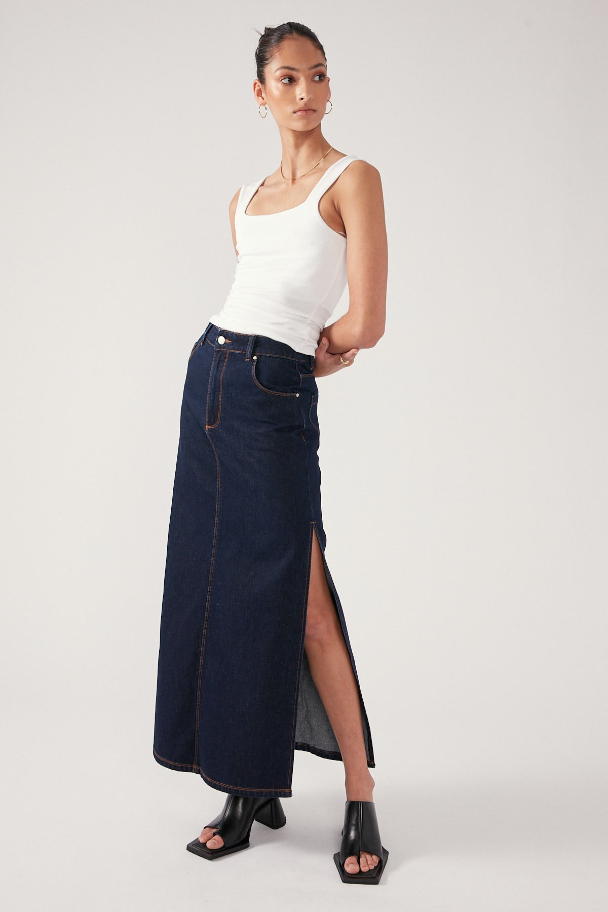 Perfect Stranger Denim Double Split Maxi Skirt Dark Indigo