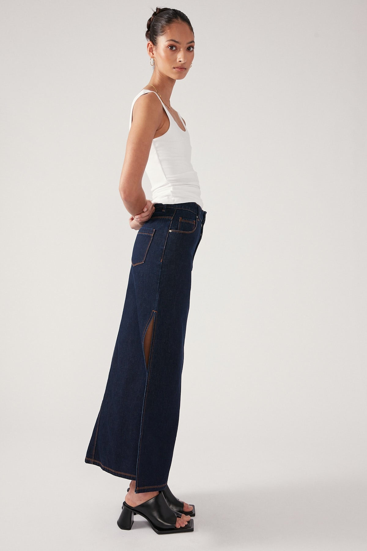 Perfect Stranger Denim Double Split Maxi Skirt Dark Indigo