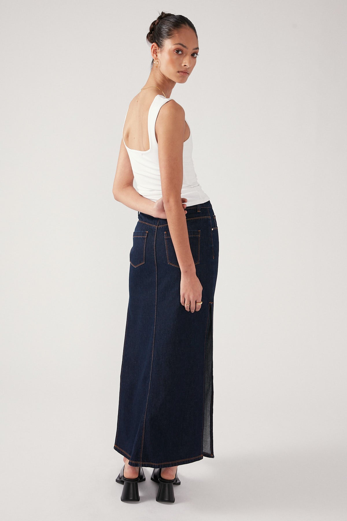 Perfect Stranger Denim Double Split Maxi Skirt Dark Indigo
