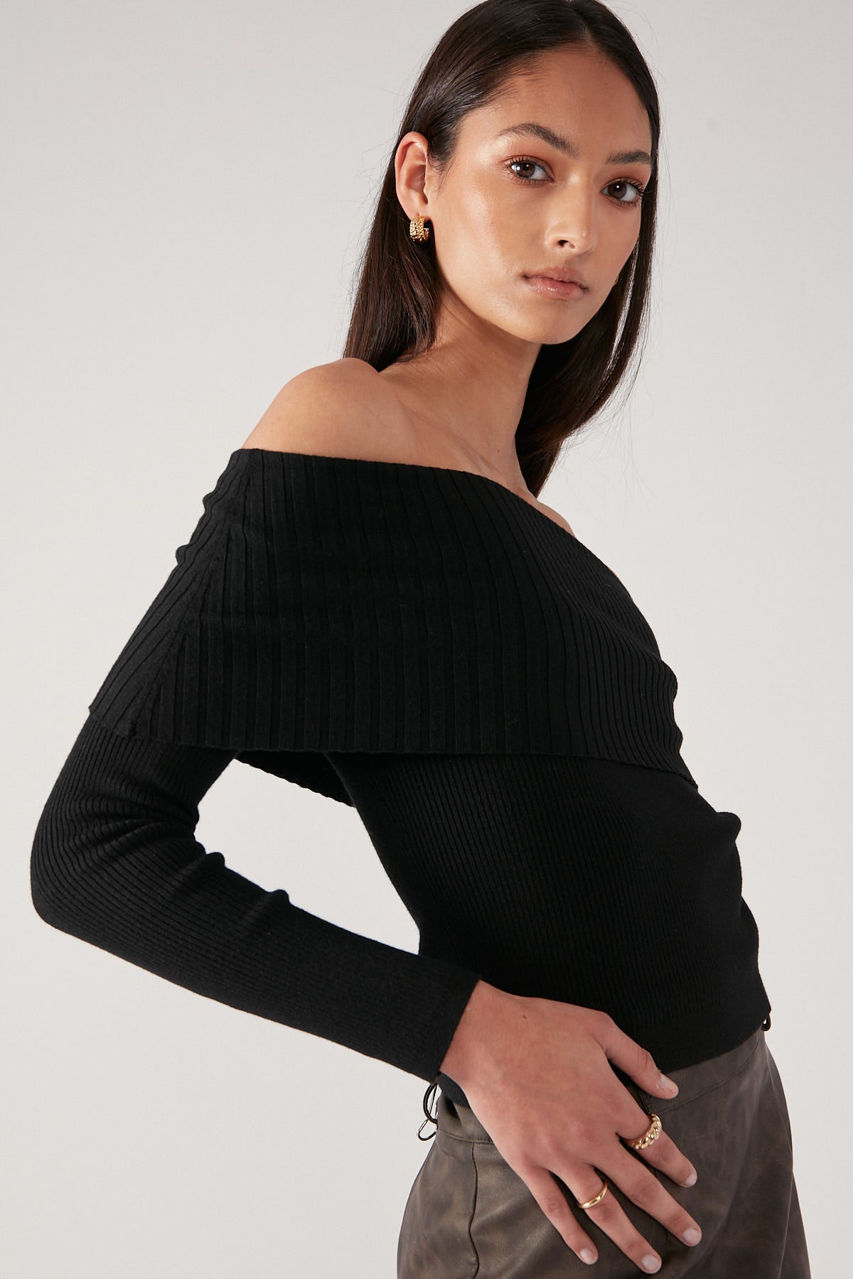 Perfect Stranger Off Shoulder Knit Top Black