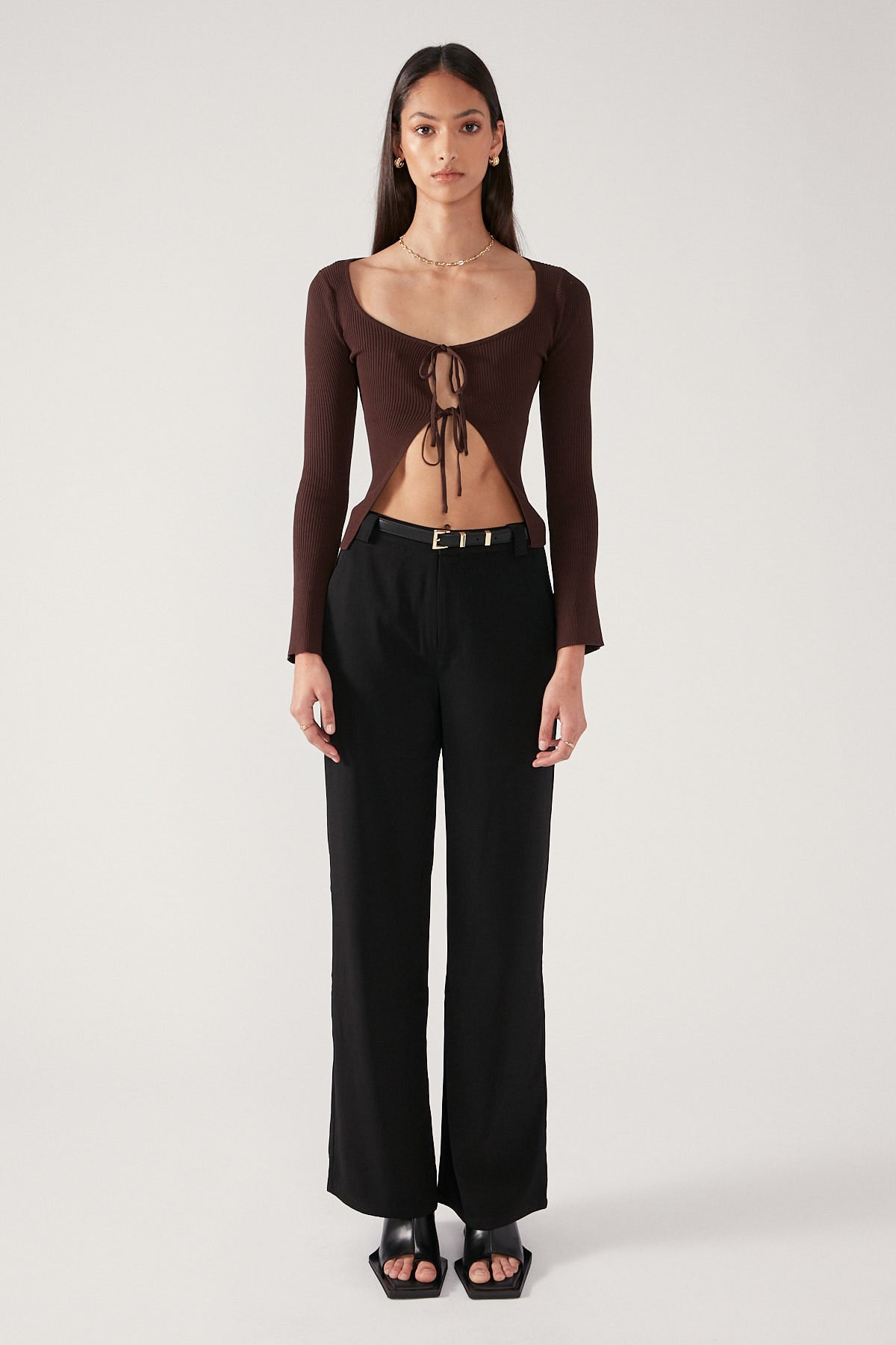 Perfect Stranger Tie Front Knit Top Brown