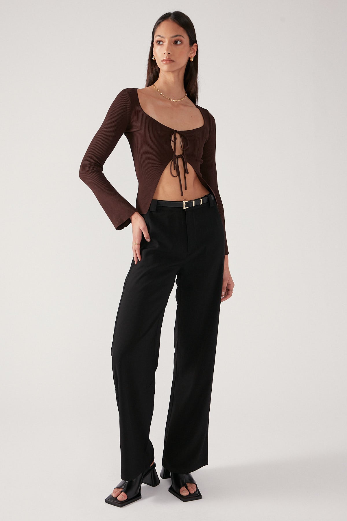 Perfect Stranger Tie Front Knit Top Brown