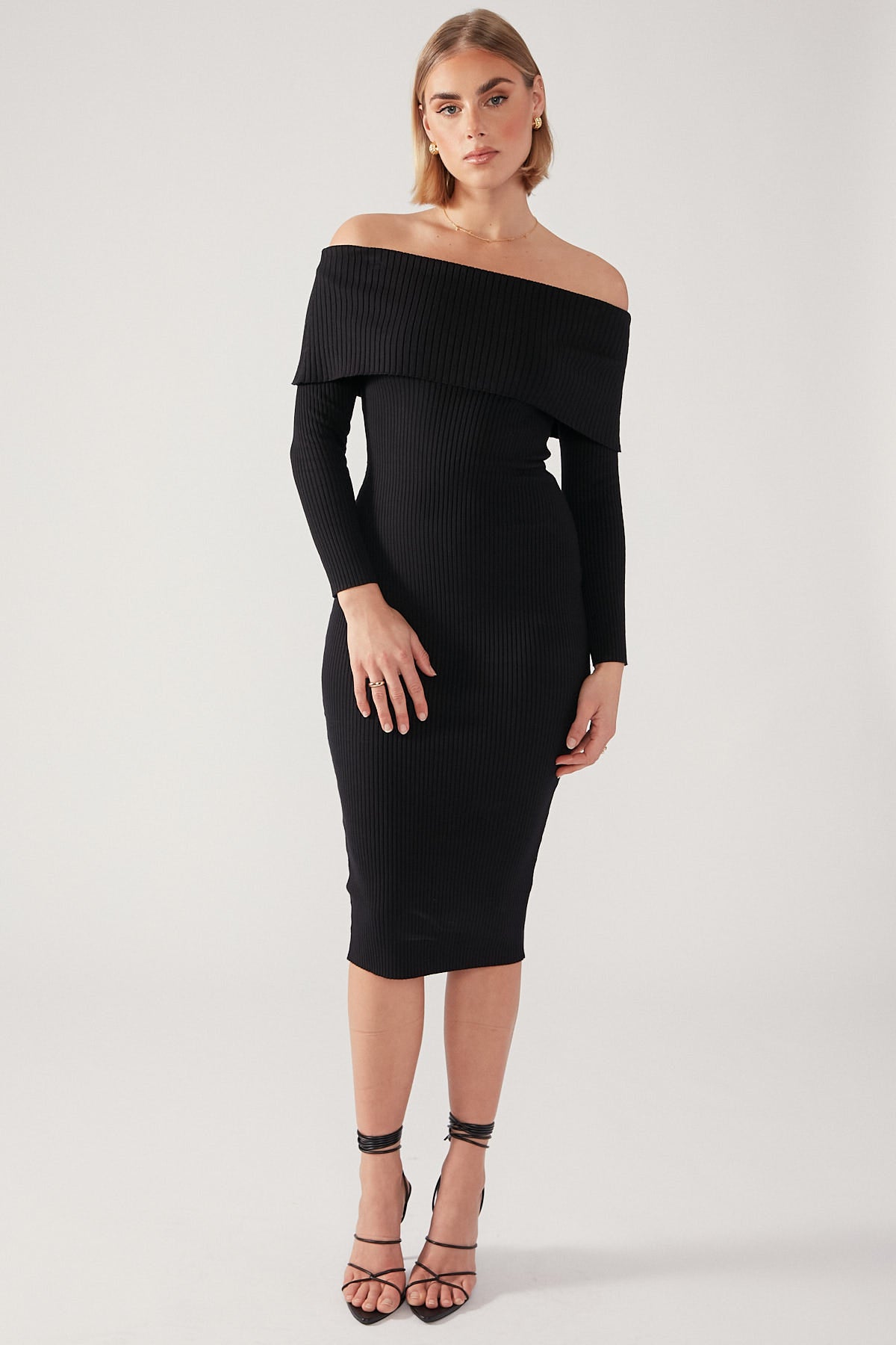 Perfect Stranger Off Shoulder Knit Midi Dress Black