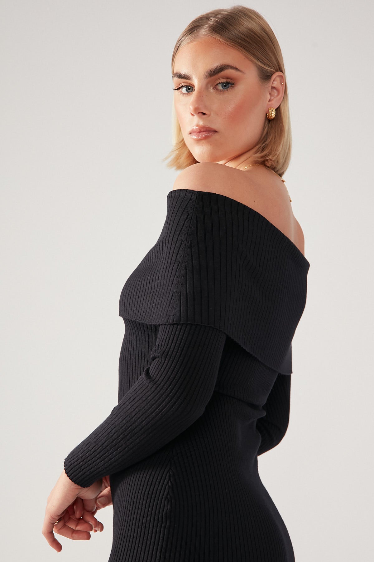Perfect Stranger Off Shoulder Knit Midi Dress Black