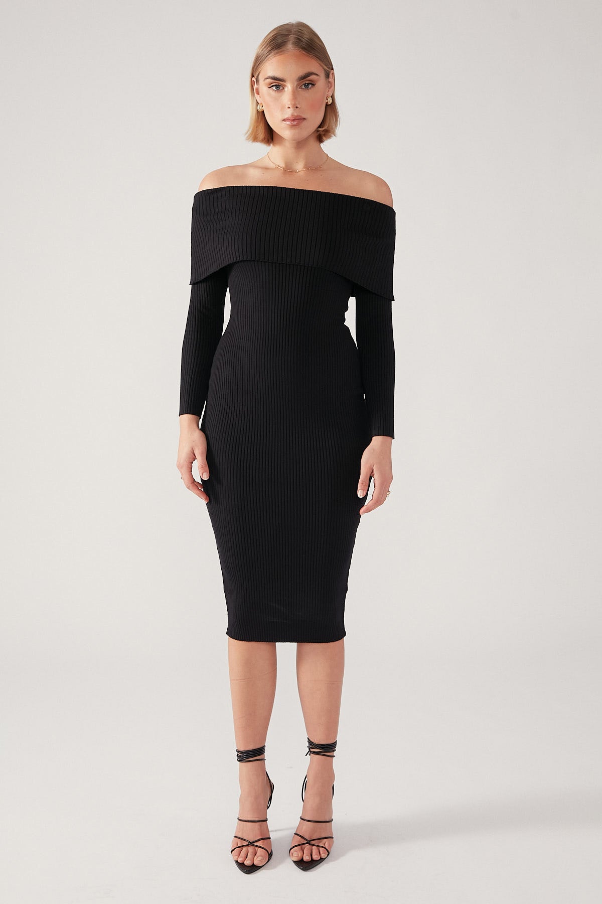Perfect Stranger Off Shoulder Knit Midi Dress Black