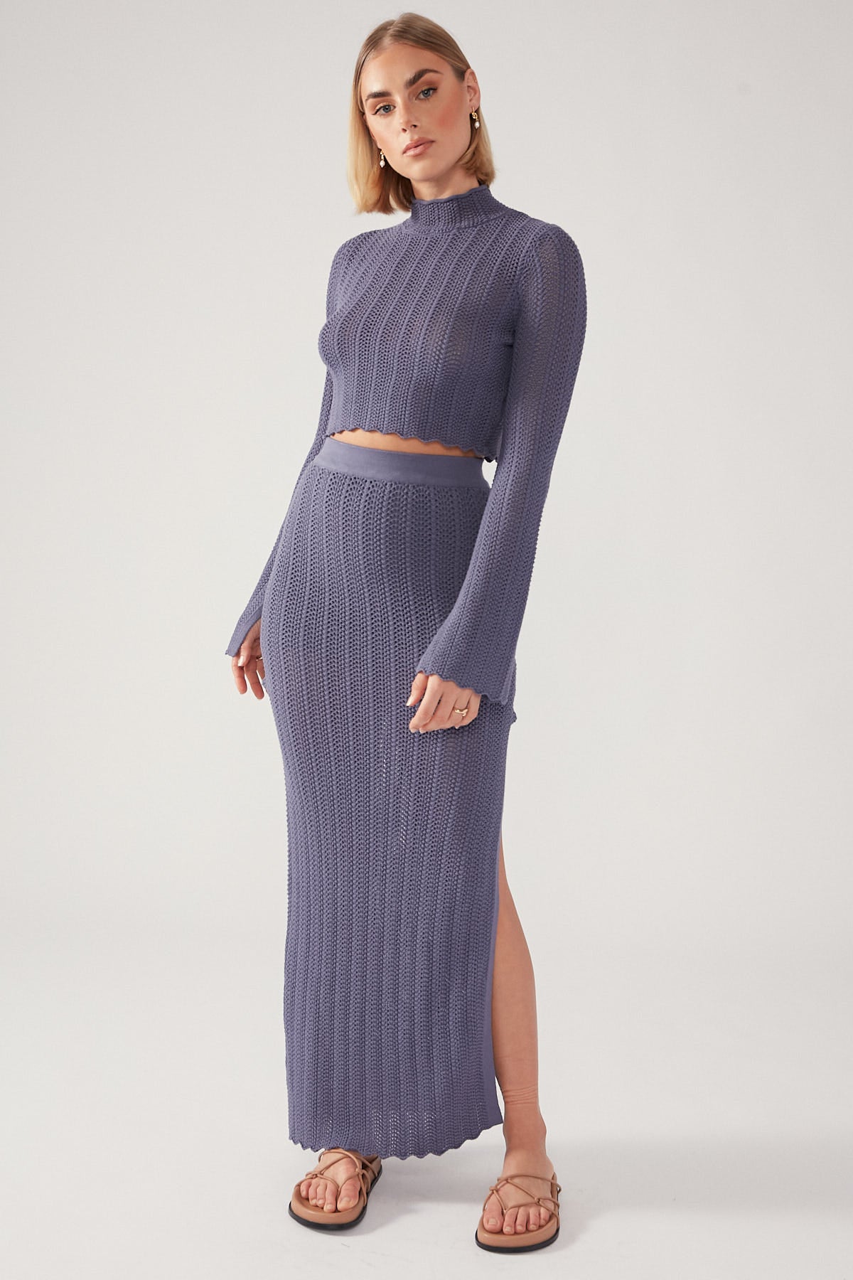 Perfect Stranger Cropped Long Sleeve Crochet Top Blue