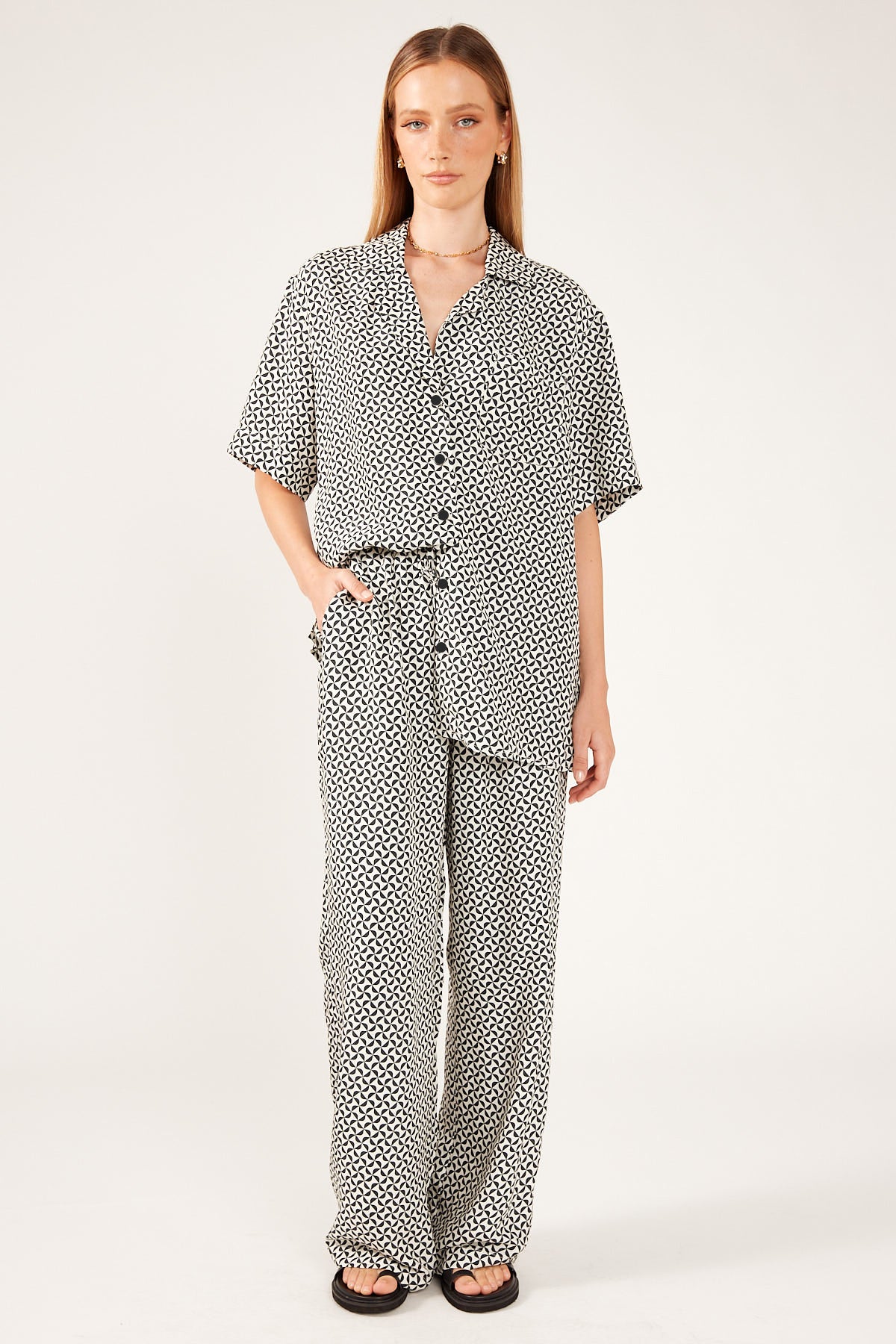 Perfect Stranger Geo Pattern Short Sleeve Shirt White Print