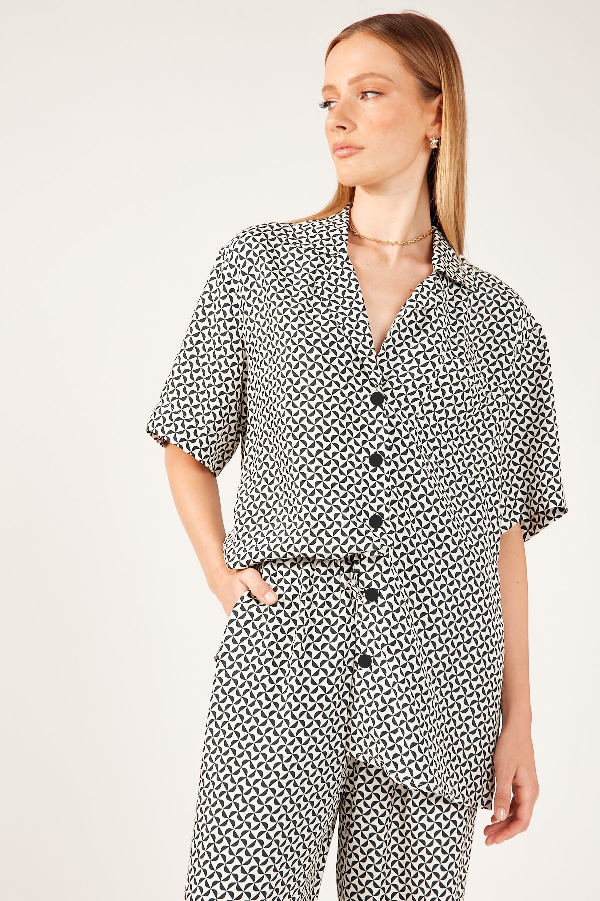 Perfect Stranger Geo Pattern Short Sleeve Shirt White Print