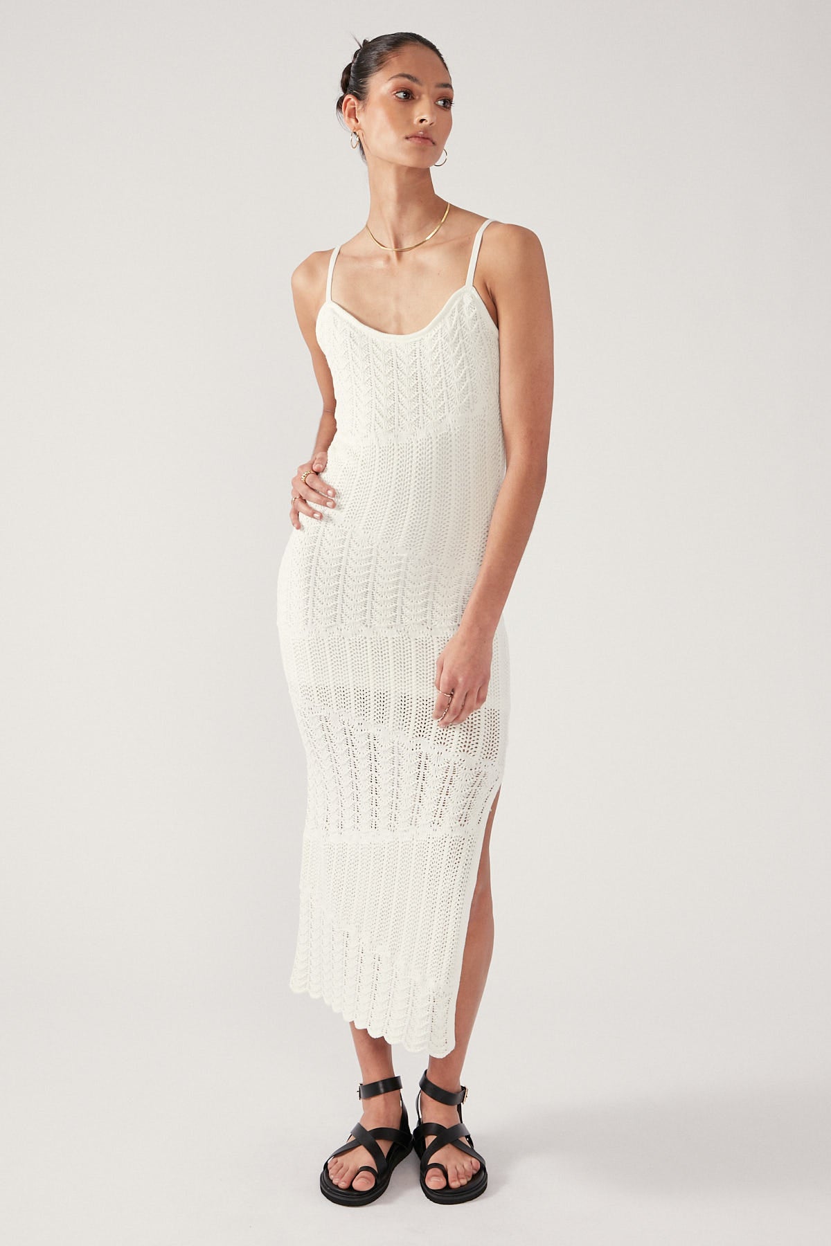 Perfect Stranger ALMA ASYMMETRICAL CROCHET KNIT MIDI DRESS White