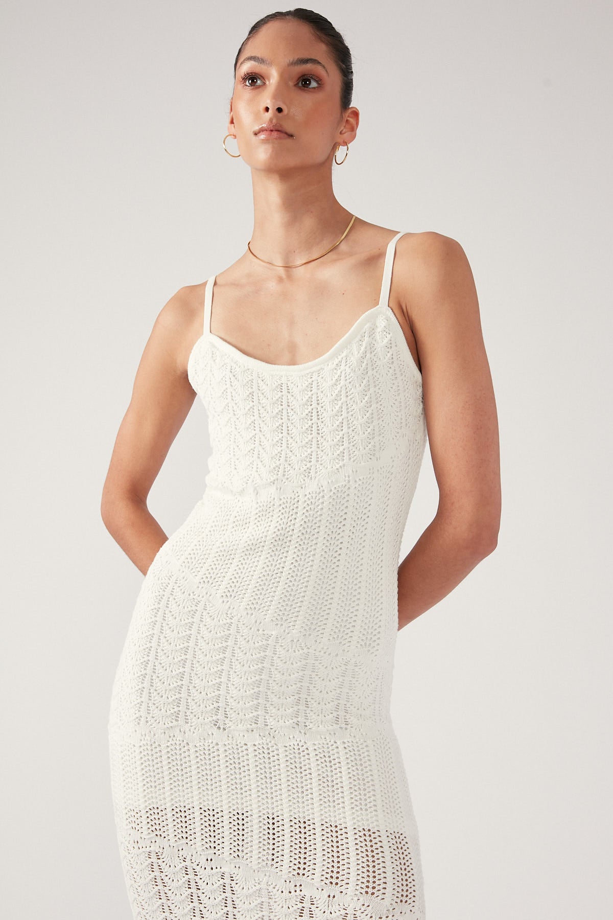 Perfect Stranger ALMA ASYMMETRICAL CROCHET KNIT MIDI DRESS White