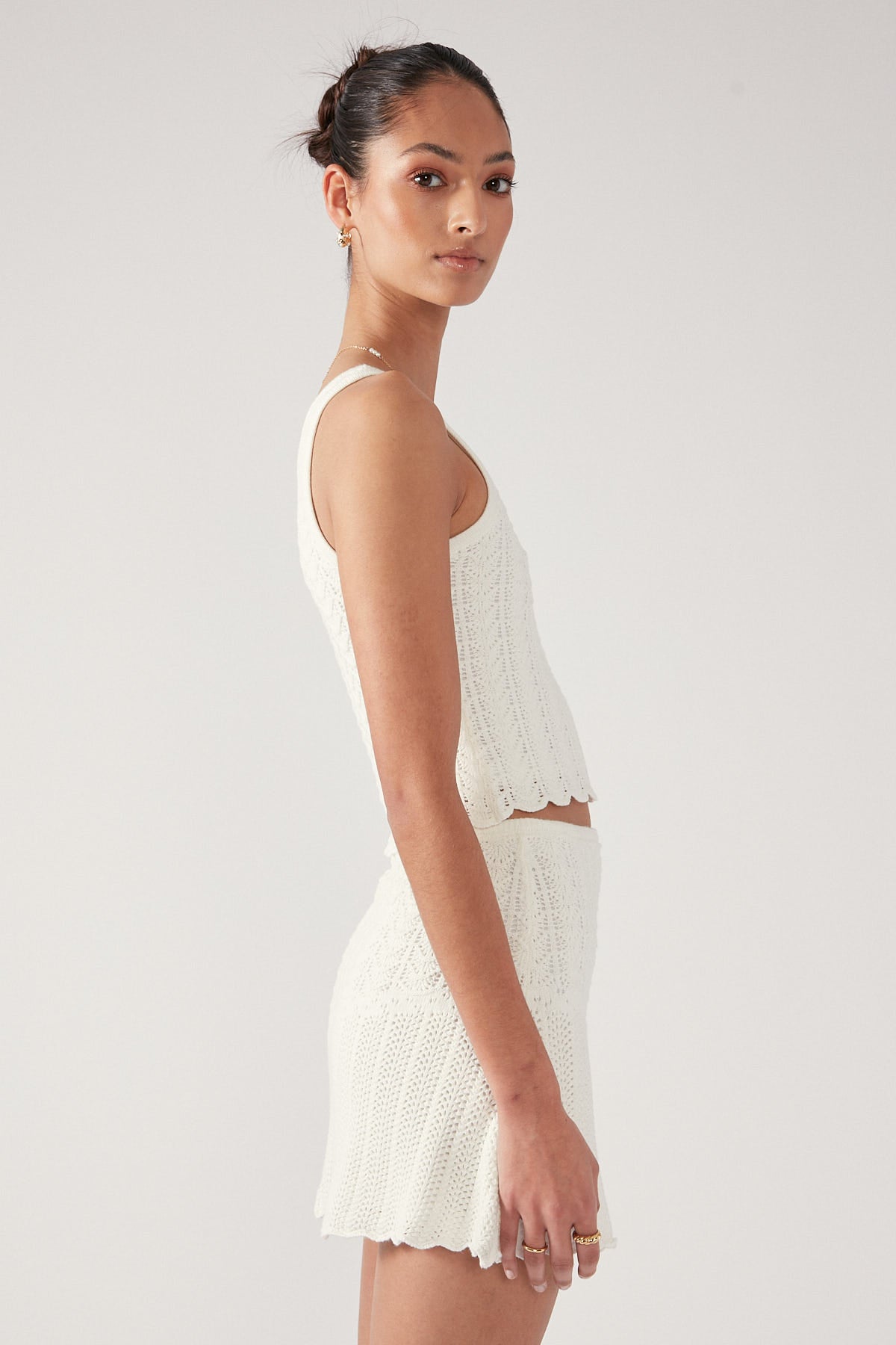 Perfect Stranger Alma Asymmetrical Crochet Knit Mini Skirt Cream