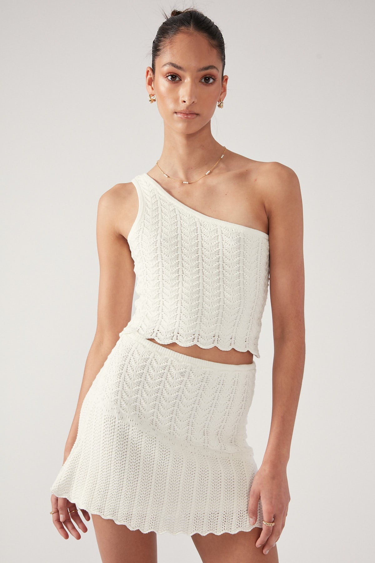 Perfect Stranger Alma Asymmetrical Crochet One Shoulder Crochet Knit Top Cream