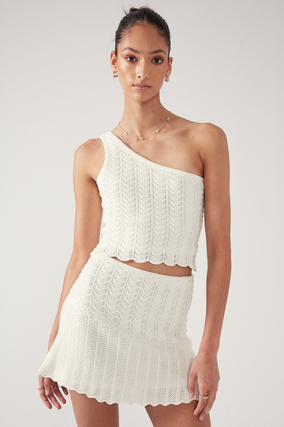 Perfect Stranger Alma Asymmetrical Crochet One Shoulder Crochet Knit Top White
