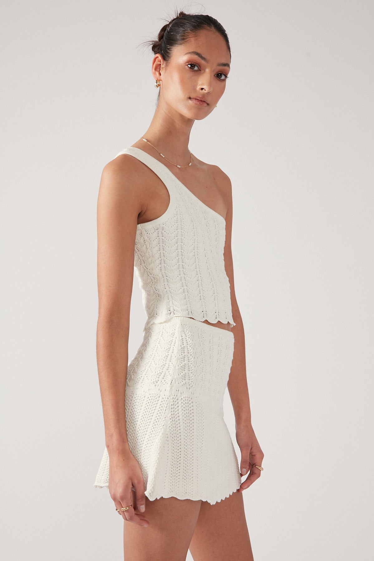 Perfect Stranger Alma Asymmetrical Crochet One Shoulder Crochet Knit Top Cream