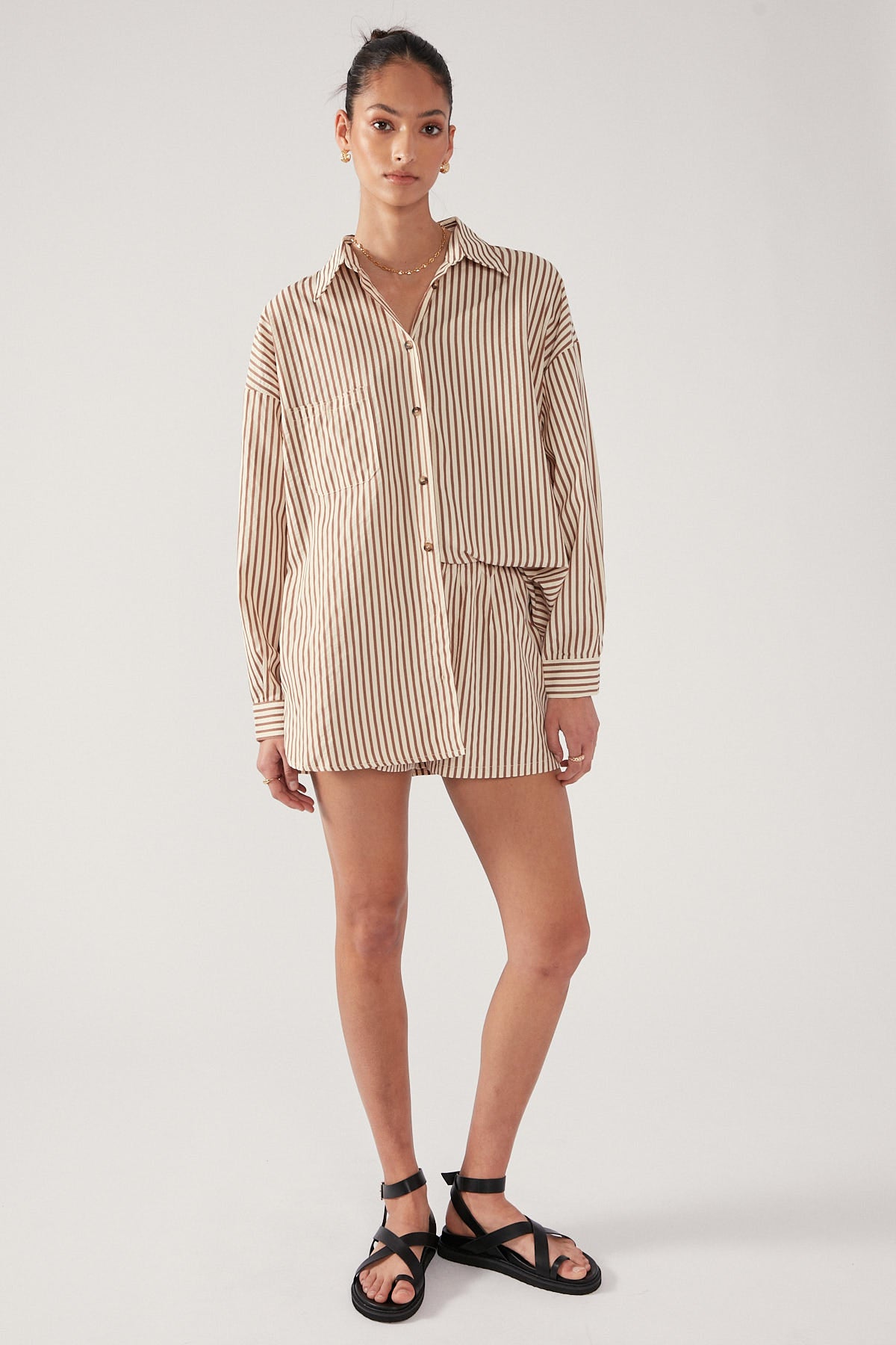 Perfect Stranger Brownie Elastic Waist Striped Short Brown Stripe