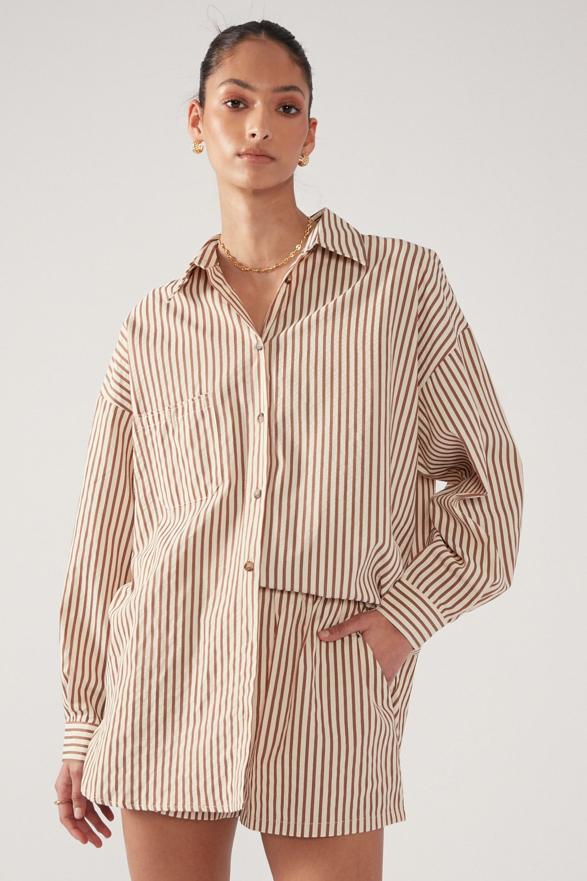 Perfect Stranger Brownie Elastic Waist Striped Short Brown Stripe