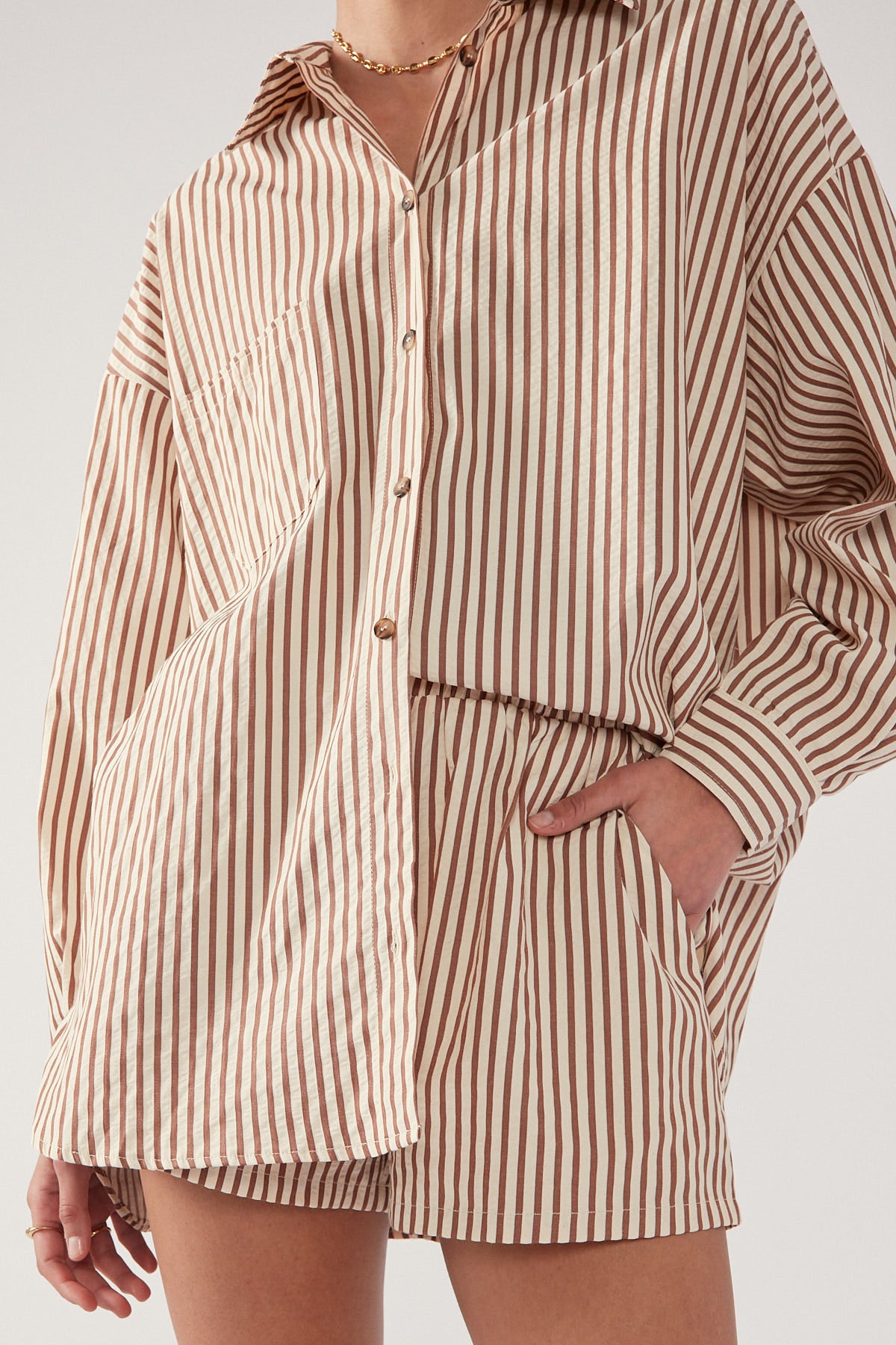 Perfect Stranger Brownie Elastic Waist Striped Short Brown Stripe