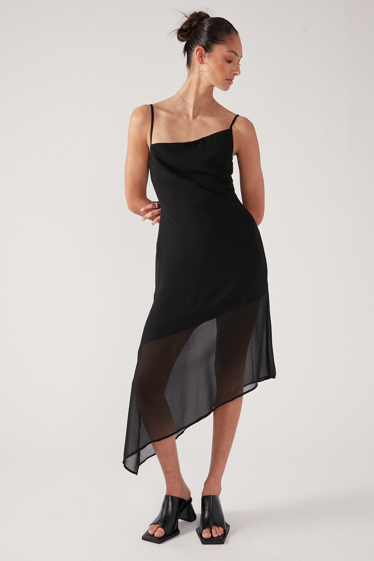Perfect Stranger Simmi Sheer Asymmetrical Midi Dress Black