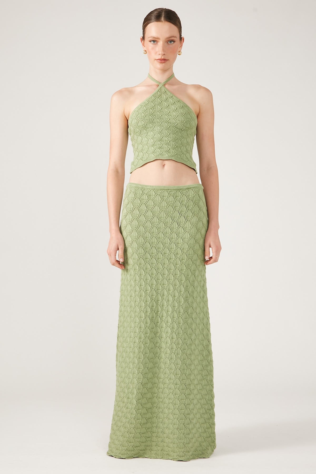 Perfect Stranger Dominique Elissa Golden Hour Crochet Knit Halter Top Green