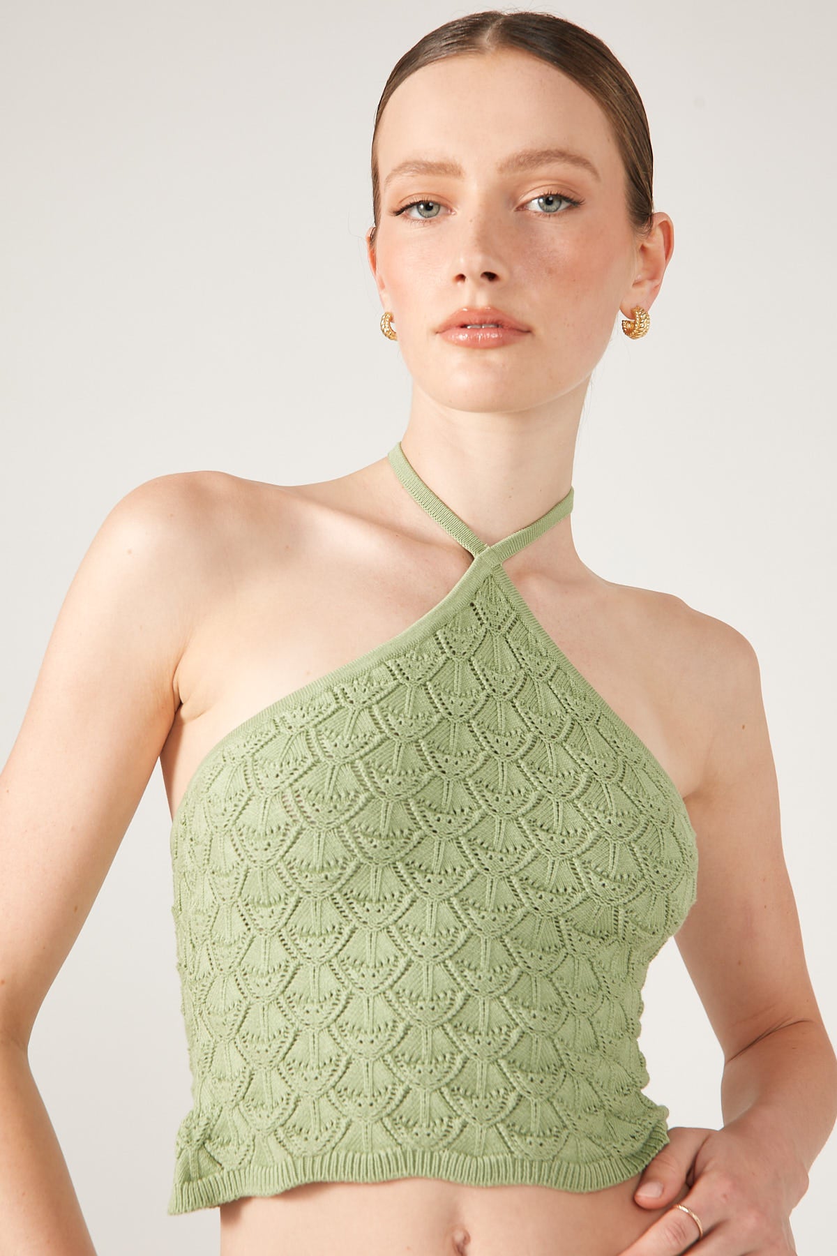 Perfect Stranger Dominique Elissa Golden Hour Crochet Knit Halter Top Green