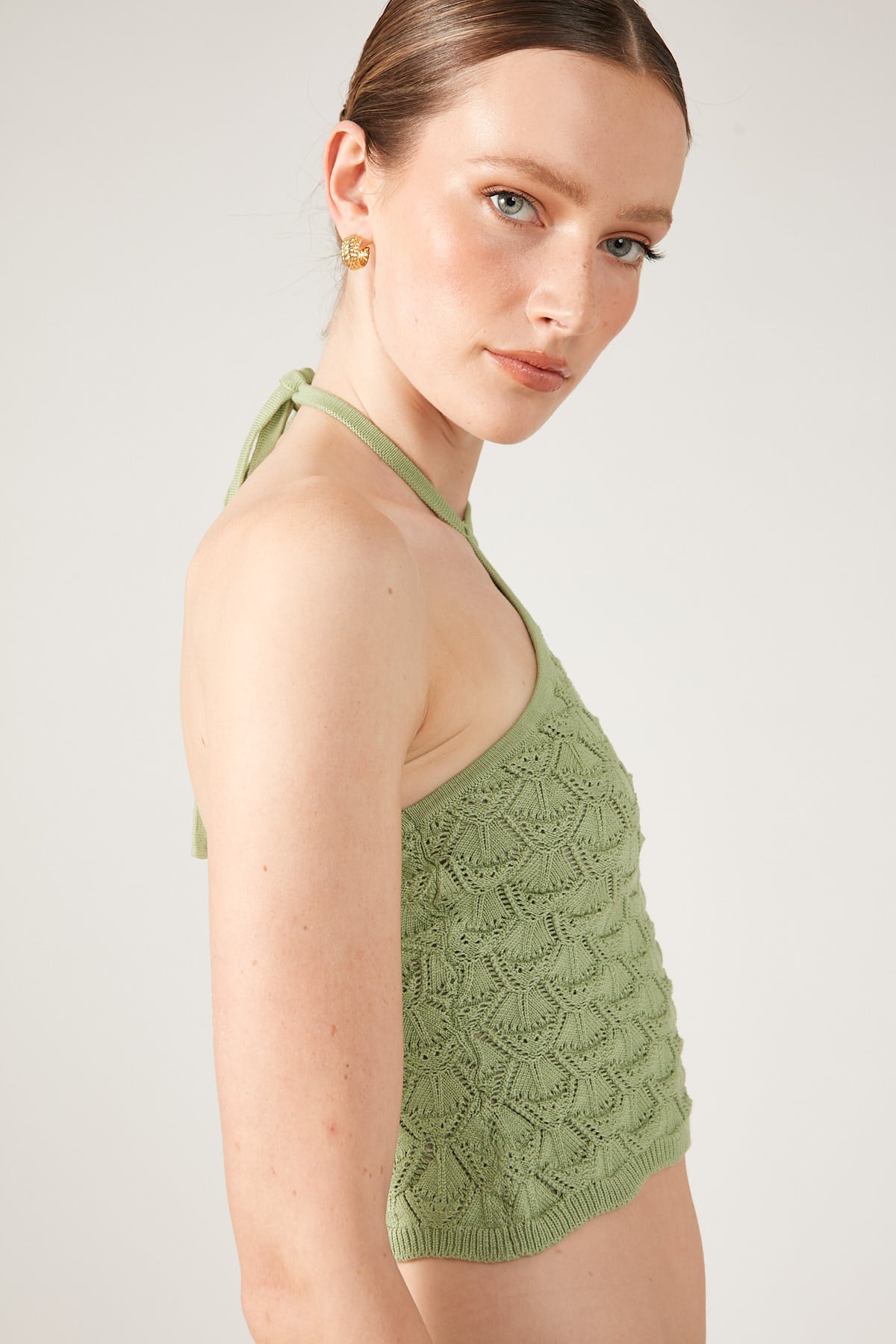 Perfect Stranger Dominique Elissa Golden Hour Crochet Knit Halter Top Green