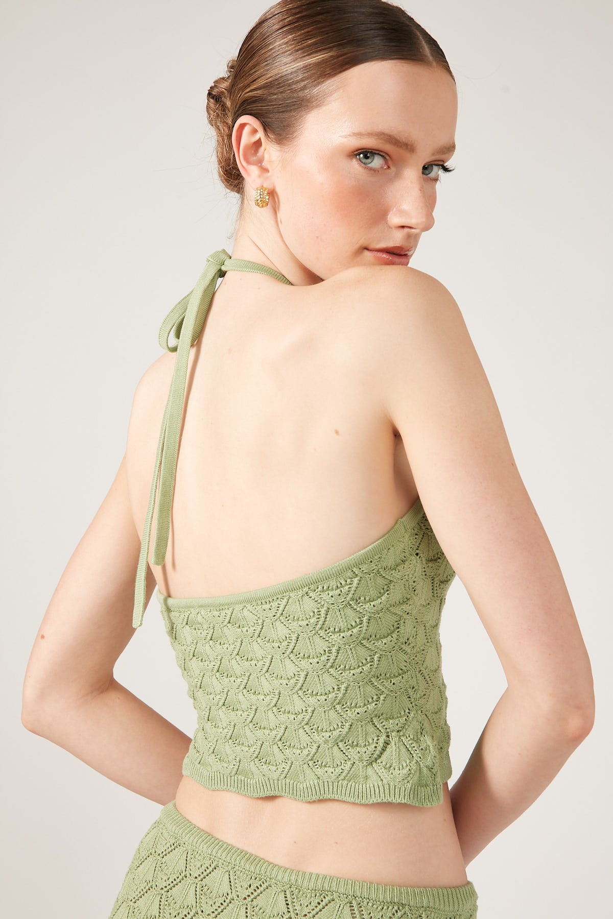 Perfect Stranger Dominique Elissa Golden Hour Crochet Knit Halter Top Green