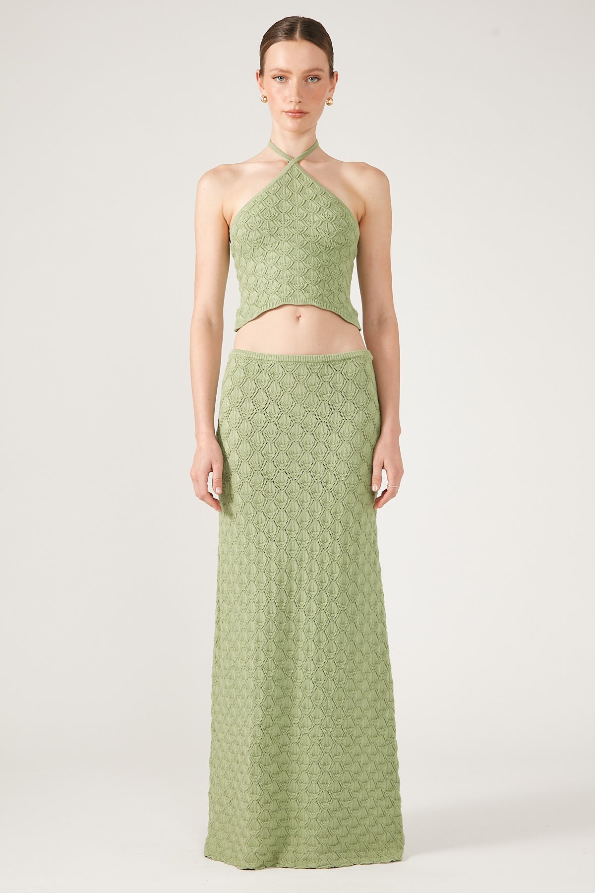 Perfect Stranger Dominique Elissa Golden Hour Crochet Knit Maxi Skirt Green