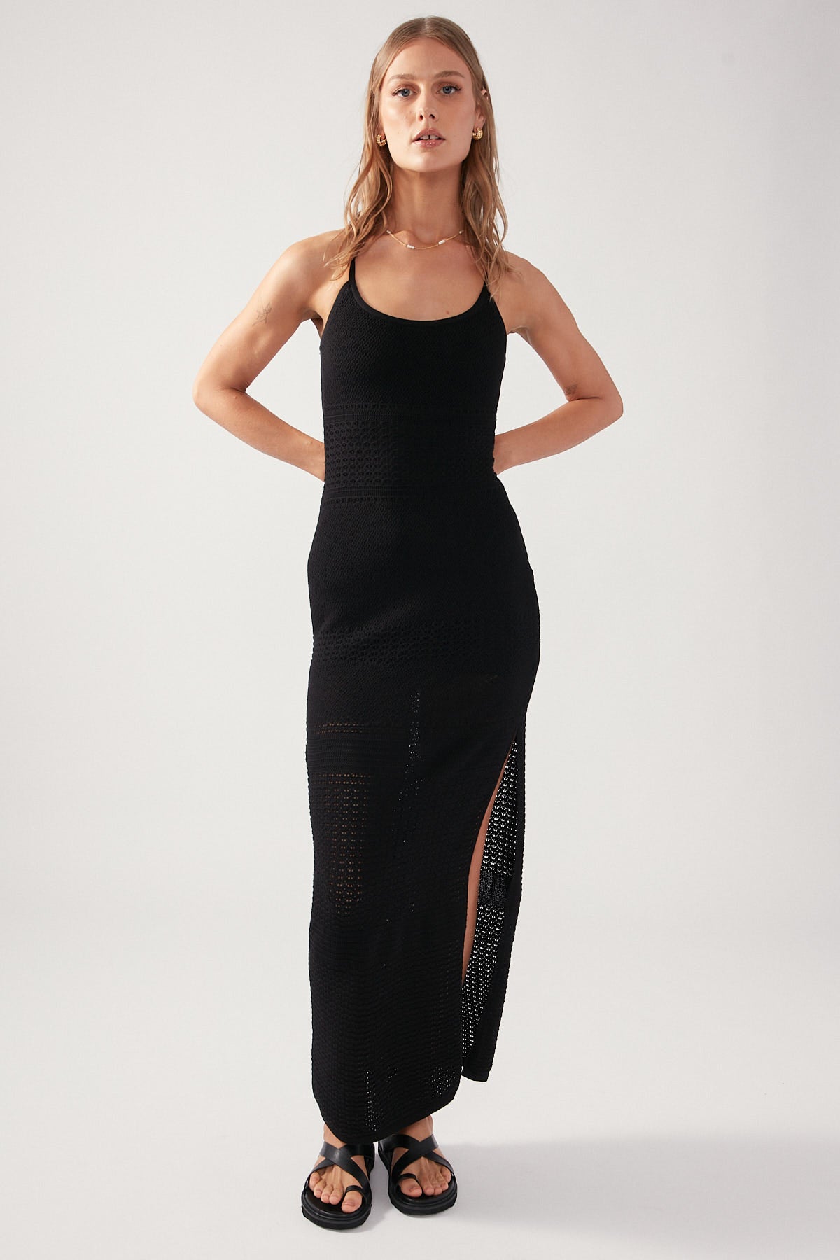 Perfect Stranger Soleil Crochet Knit Midi Dress Black