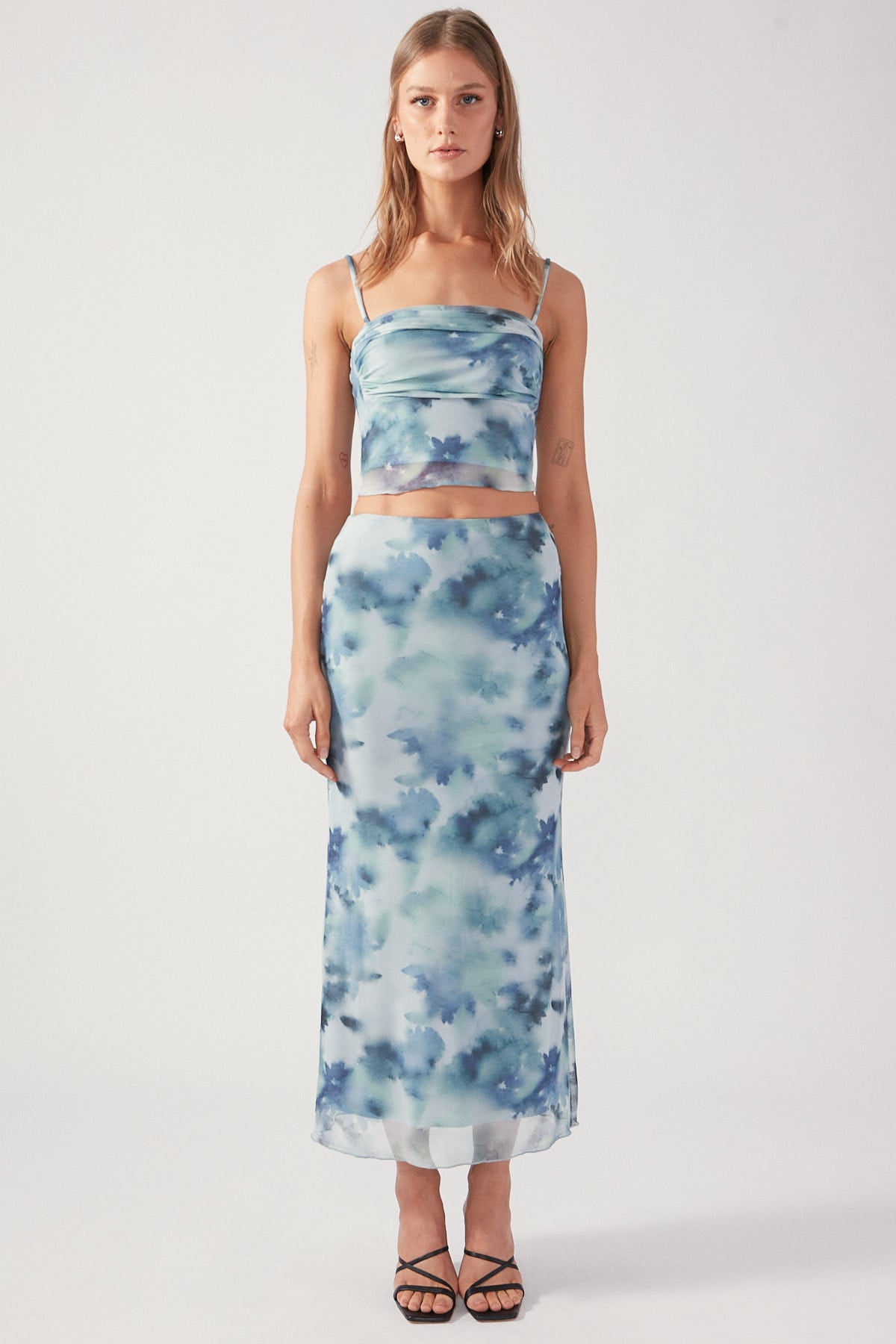 Perfect Stranger Celestial Bloom Mesh Top Blue Print