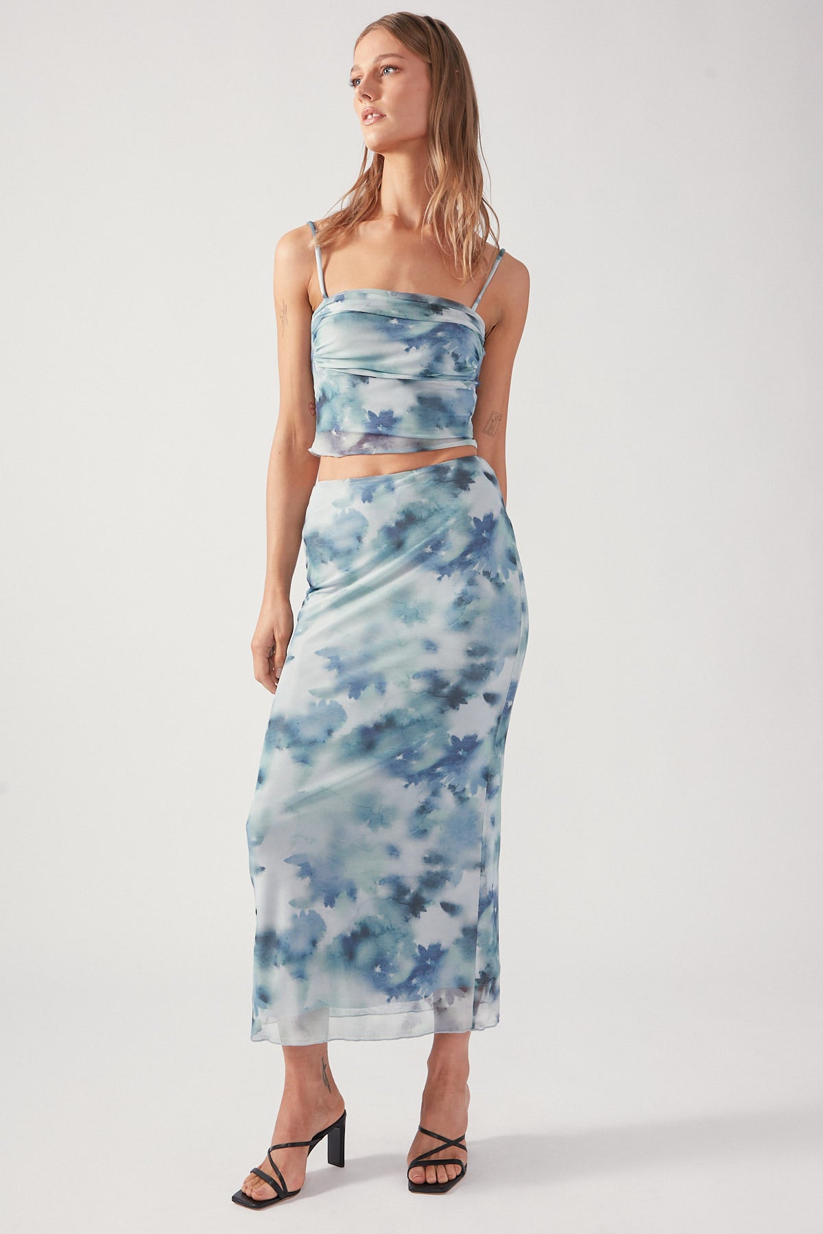 Perfect Stranger Celestial Bloom Mesh Top Blue Print