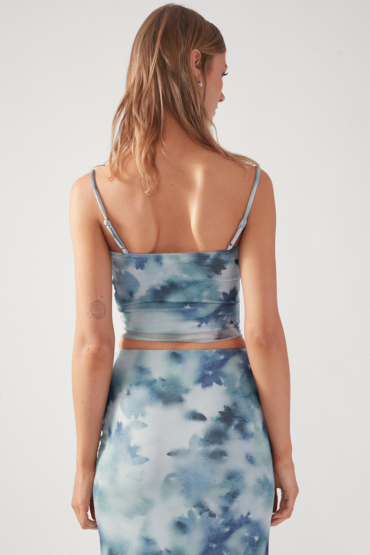Perfect Stranger Celestial Bloom Mesh Top Blue Print